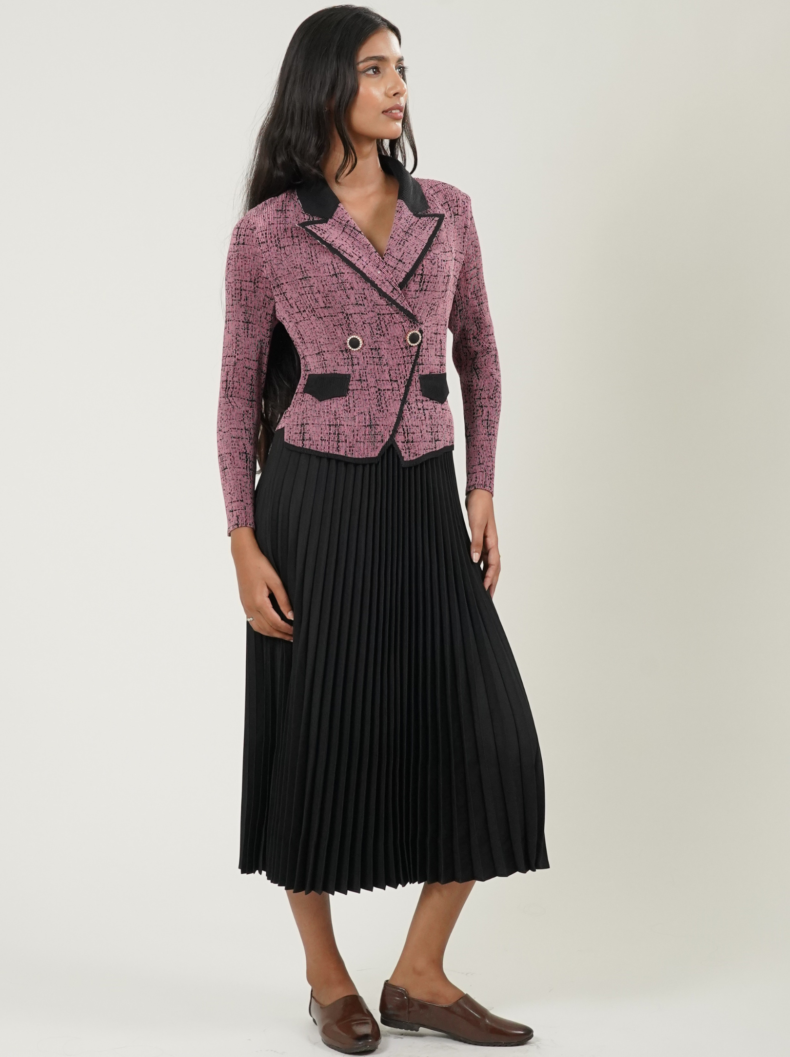 Full Sleeve Long Pleated Dress (Peach)