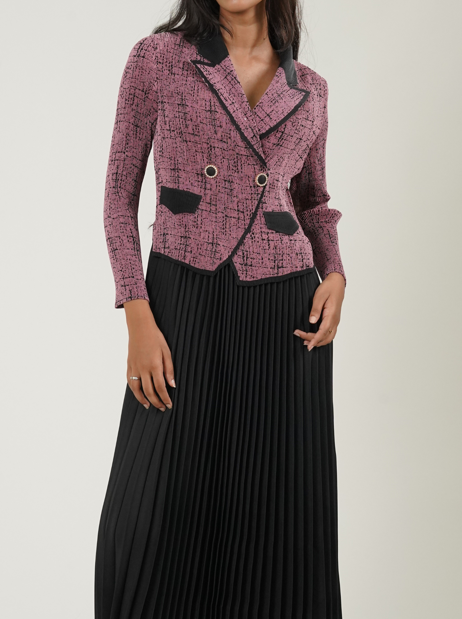 Full Sleeve Long Pleated Dress (Peach)