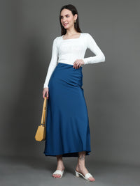 Solid Satin Long Skirt (Blue)