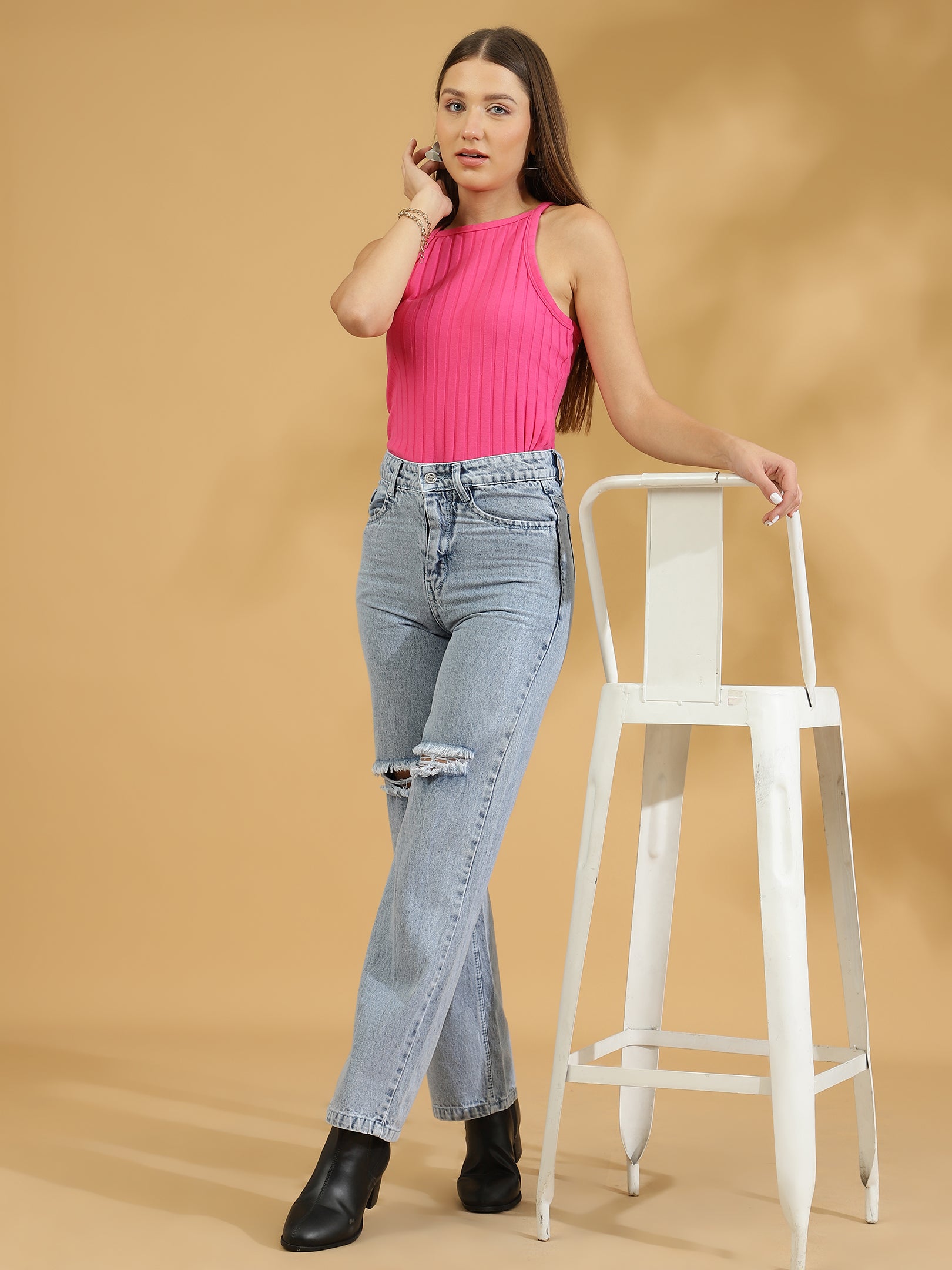 High Rise Distressed Straight fit Jeans (Light Blue)