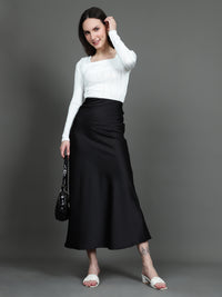 Solid Satin Long Skirt (Black)