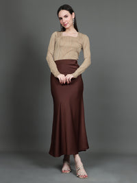 Solid Satin Long Skirt (Dark Brown)