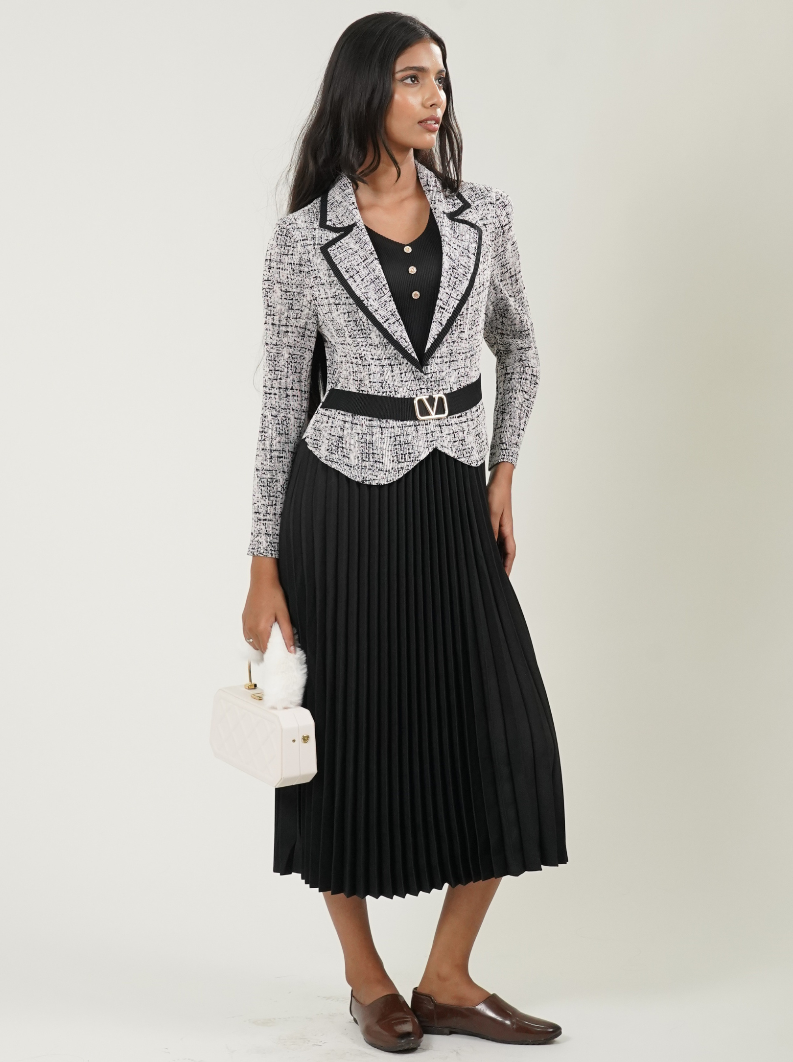 Full Sleeve Long Pleated Dress (White)