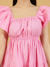 Solid Squared Neck Puff Sleeve One Piece Dress