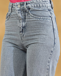 High Rise Distressed Straight fit Jeans (Light Blue)