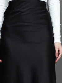 Solid Satin Long Skirt (Black)
