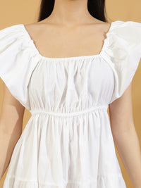 Solid Squared Neck Puff Sleeve One Piece Dress (White)