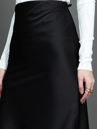 Solid Satin Long Skirt (Black)