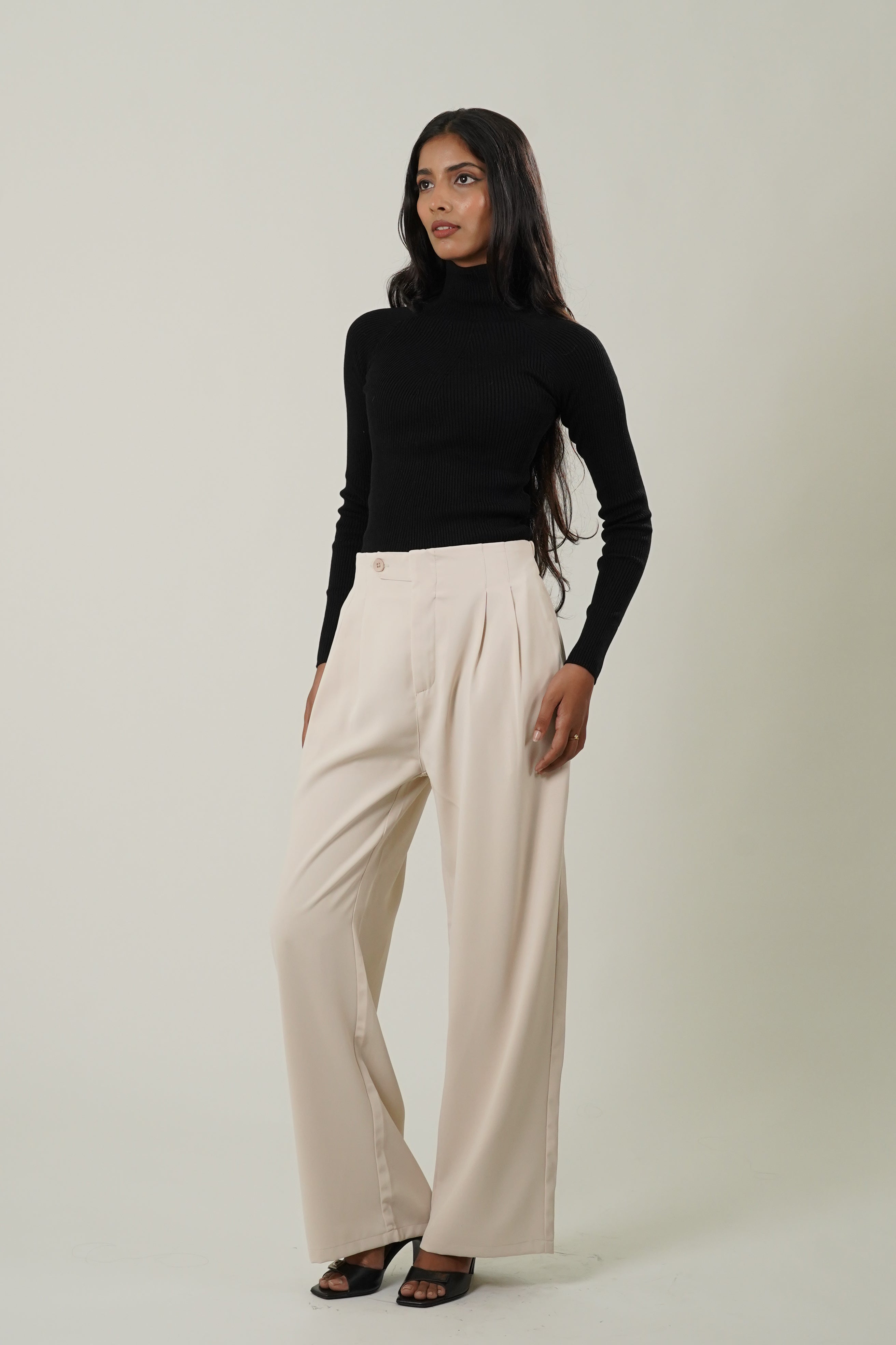 Pleated Wide Leg Korean Trousers (Light Beige)