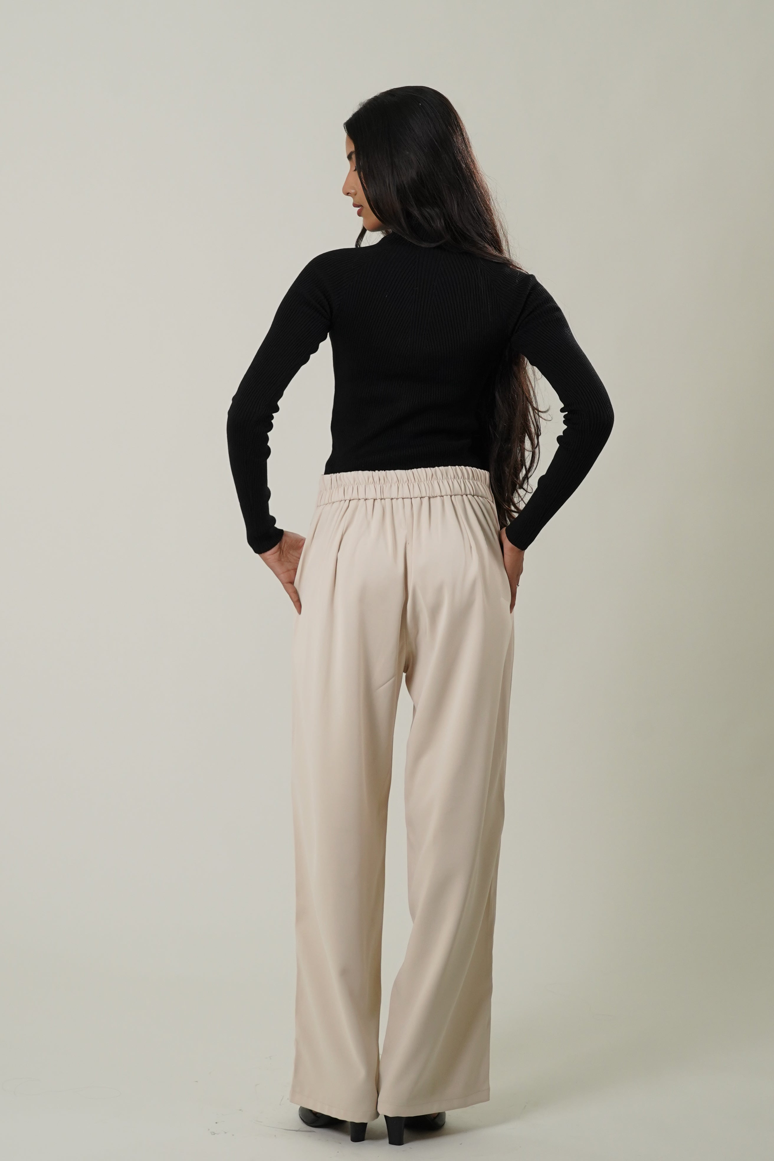 Pleated Wide Leg Korean Trousers (Light Beige)