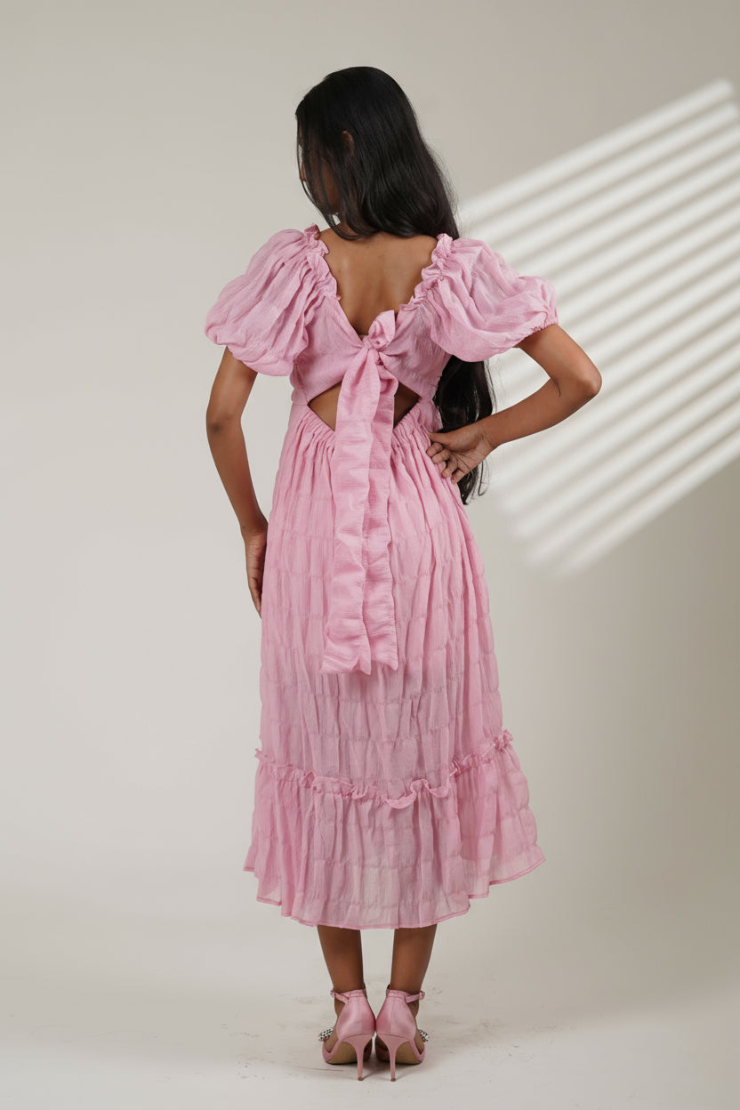 Puff Sleeve Backless Dress (Baby Pink)