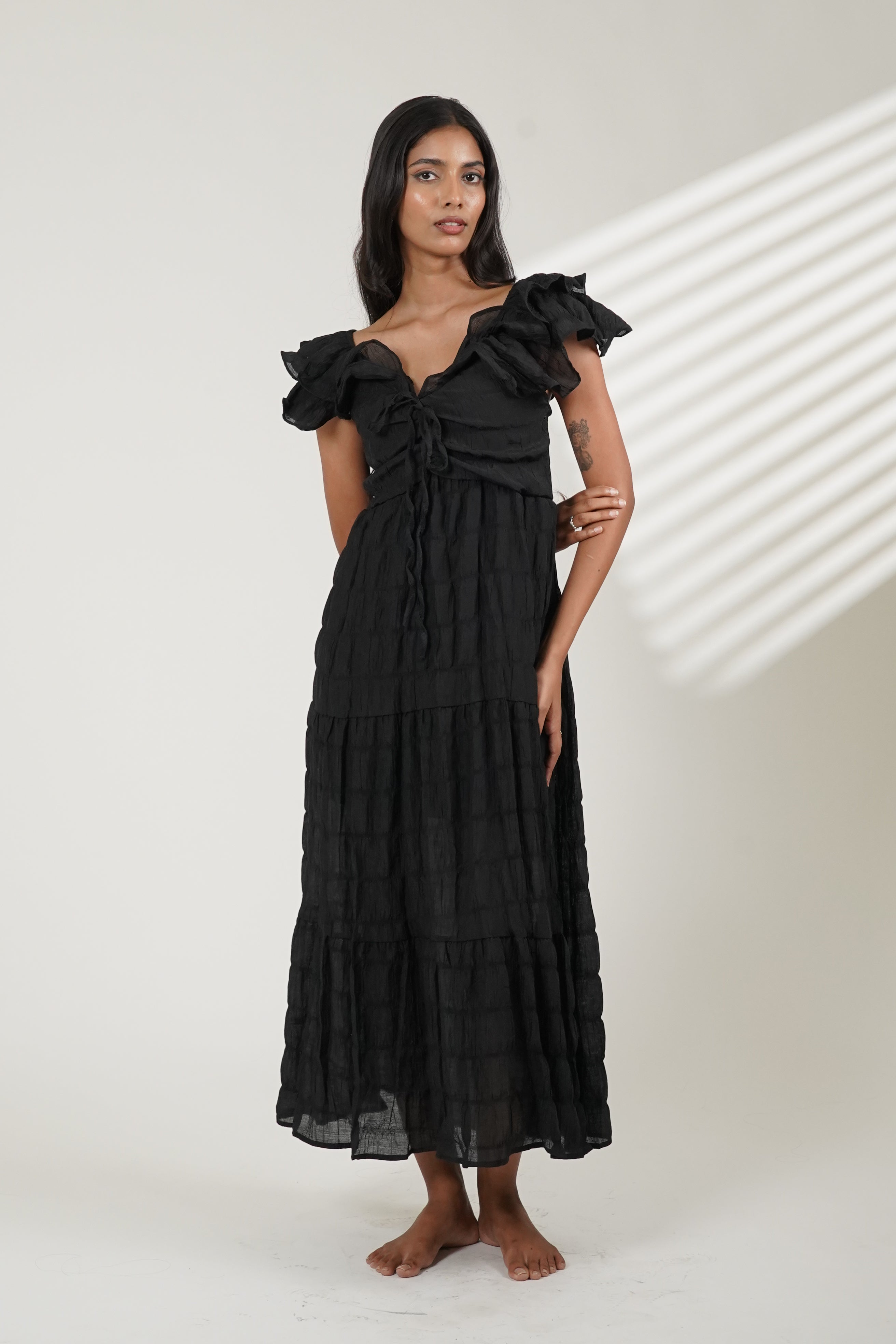 Tiered Flutter Sleeve Dress (Black)