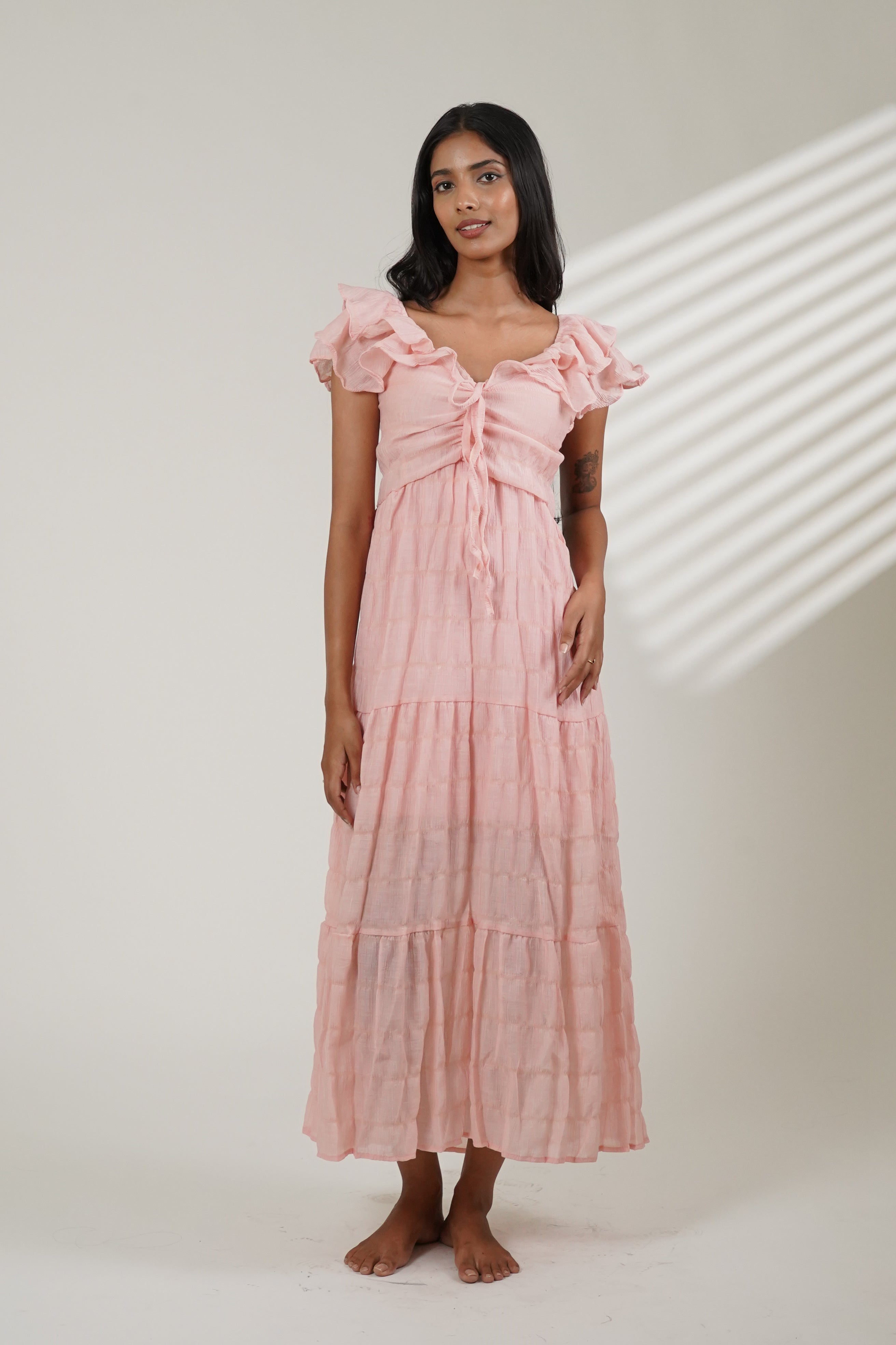 Tiered Flutter Sleeve Dress (Baby Pink)