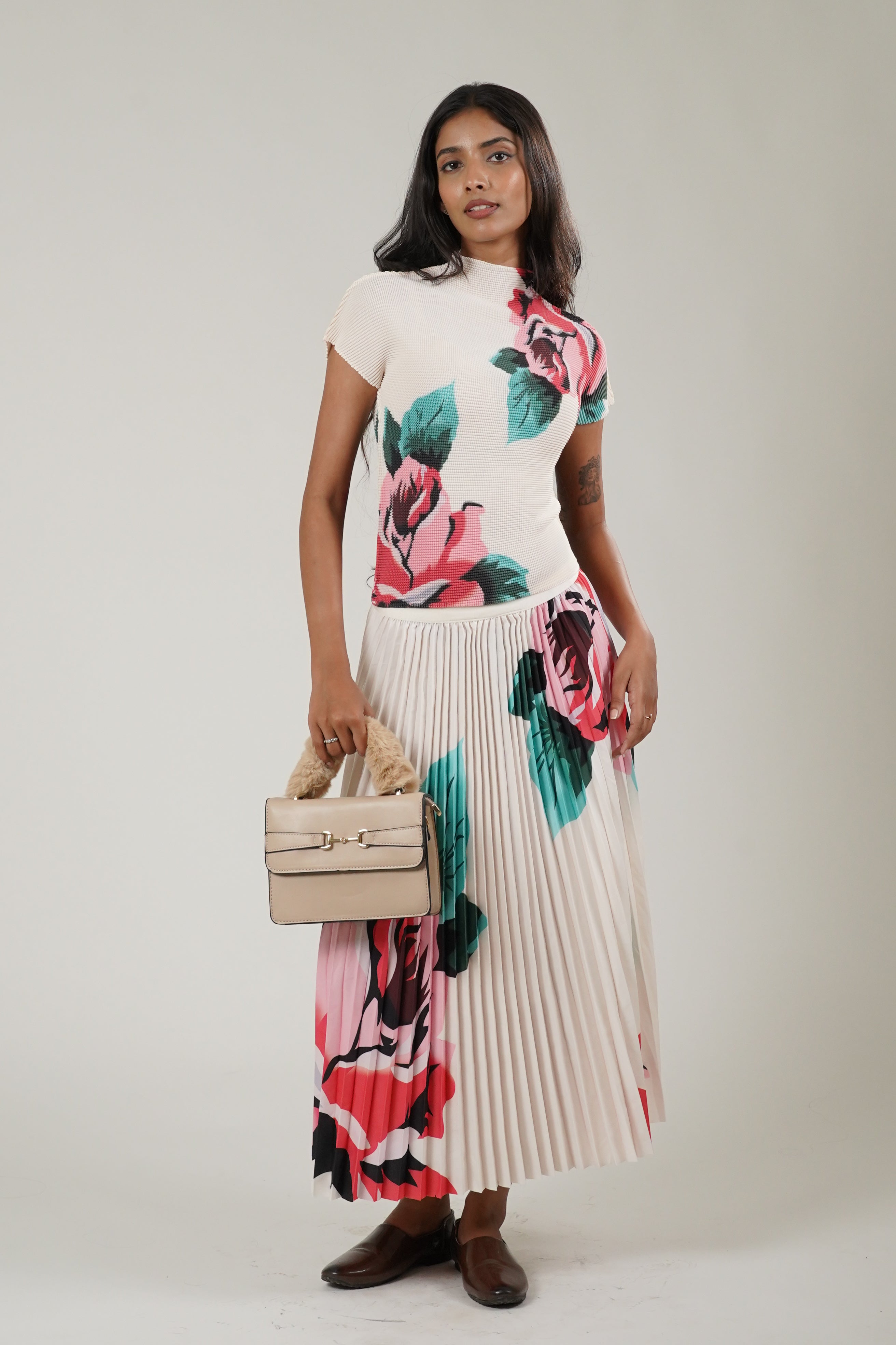 Mock Neck Tee & Pleated Skirt Coord (White)