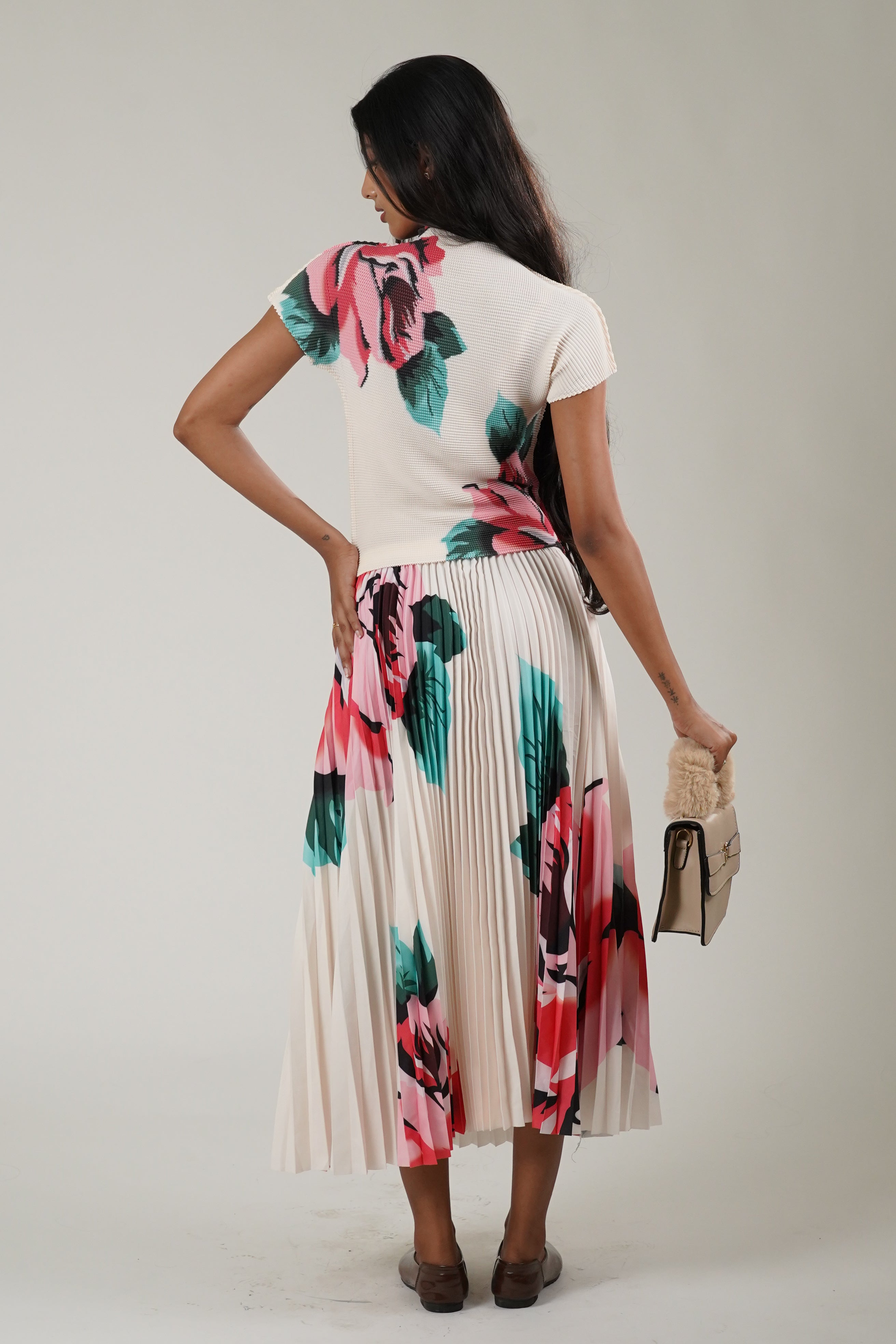 Mock Neck Tee & Pleated Skirt Coord (White)