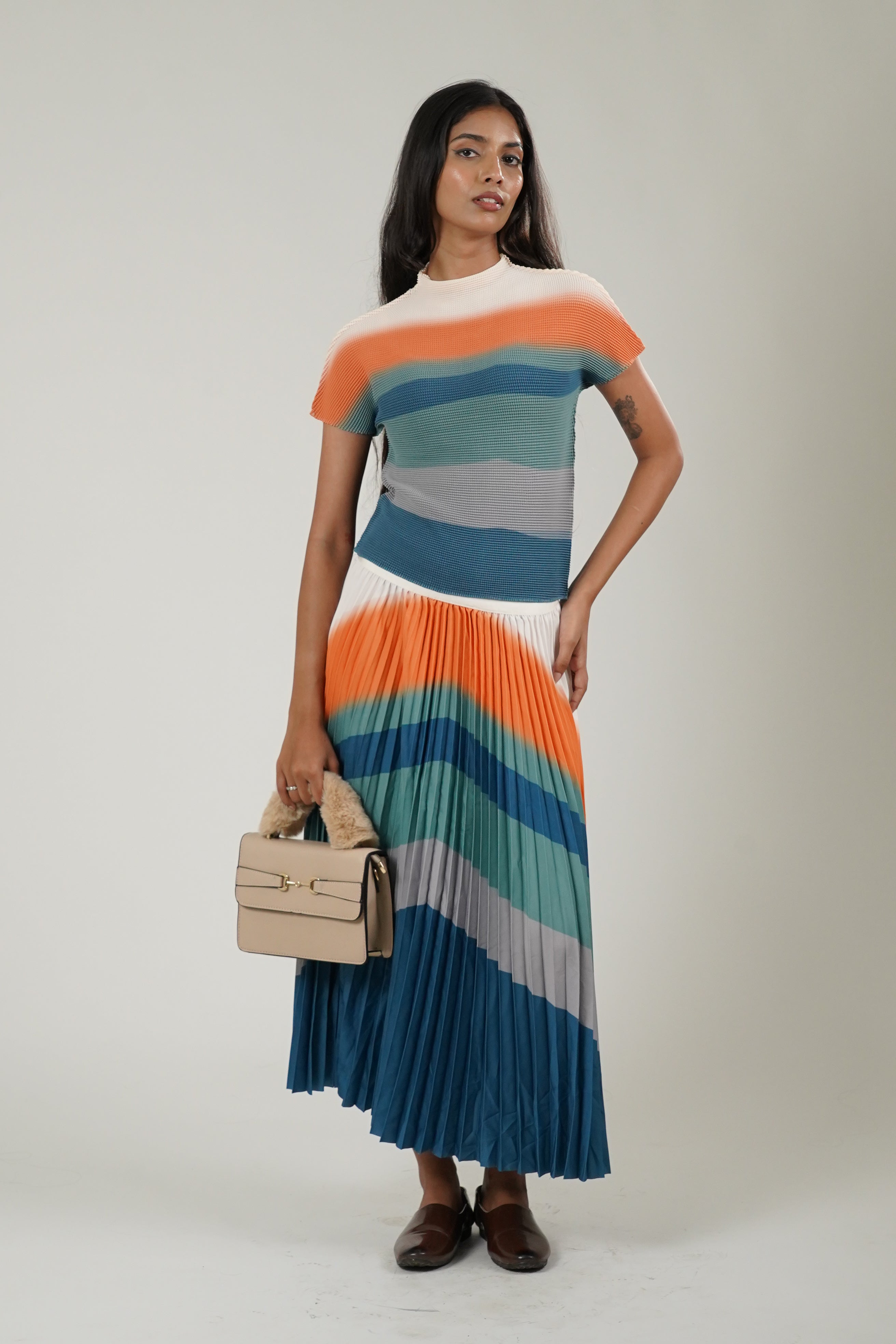 Mock Neck Tee & Pleated Skirt Coord (Multi Color)