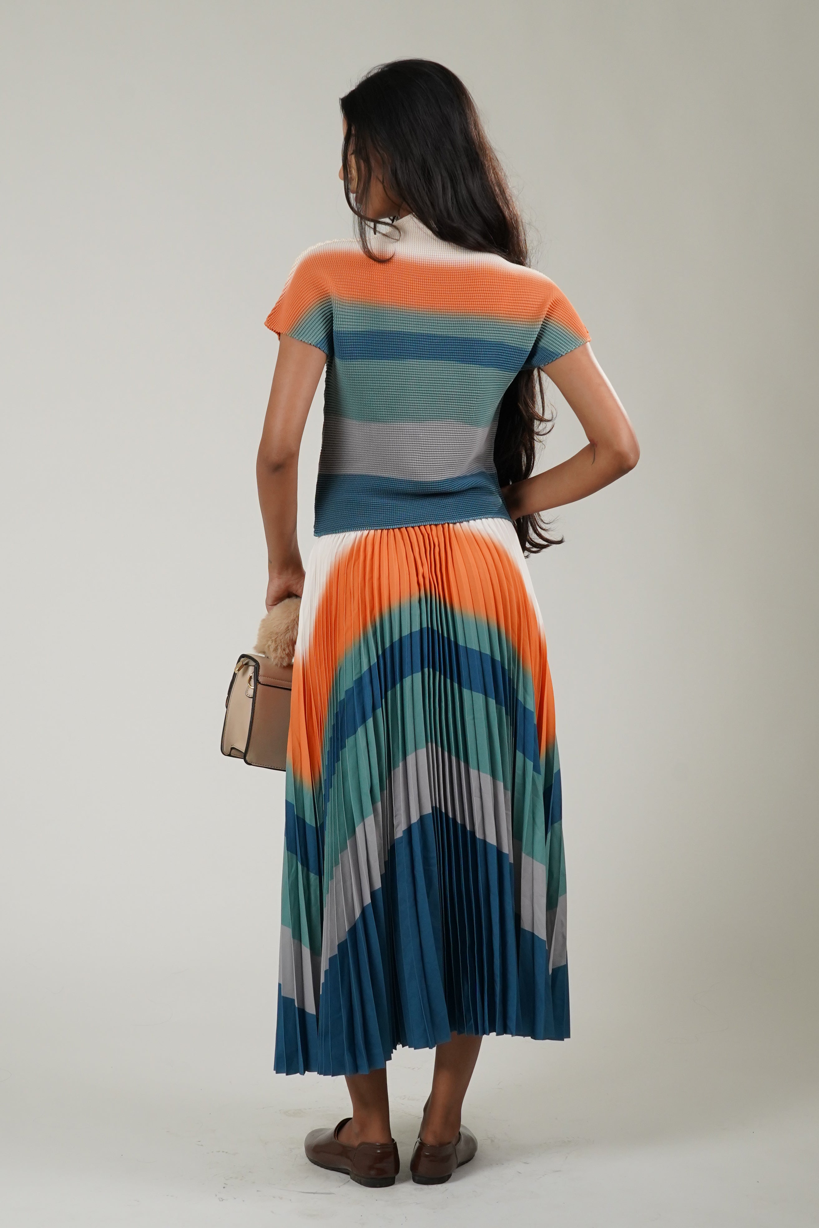 Mock Neck Tee & Pleated Skirt Coord (Multi Color)