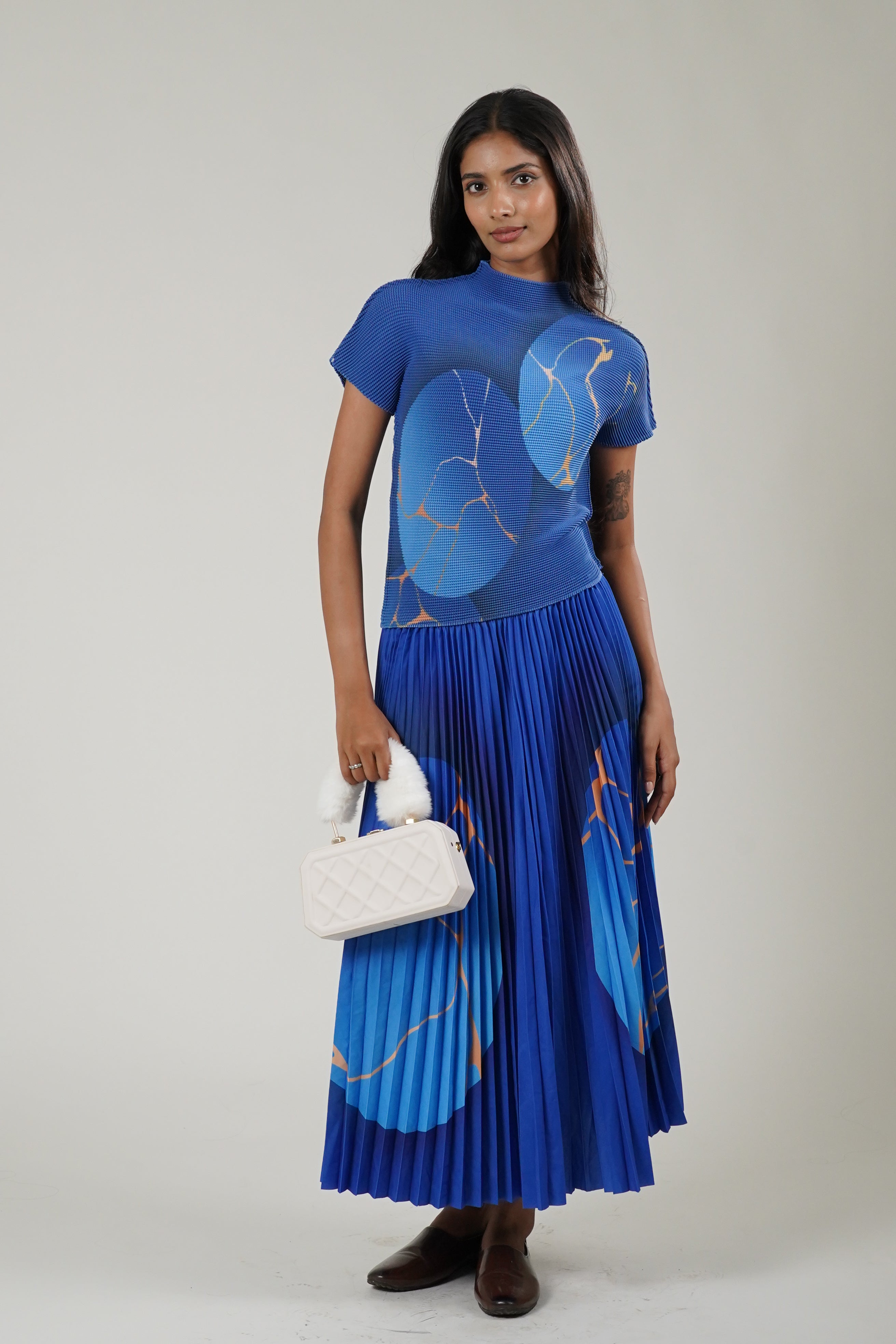 Mock Neck Tee & Pleated Skirt Coord (Blue)