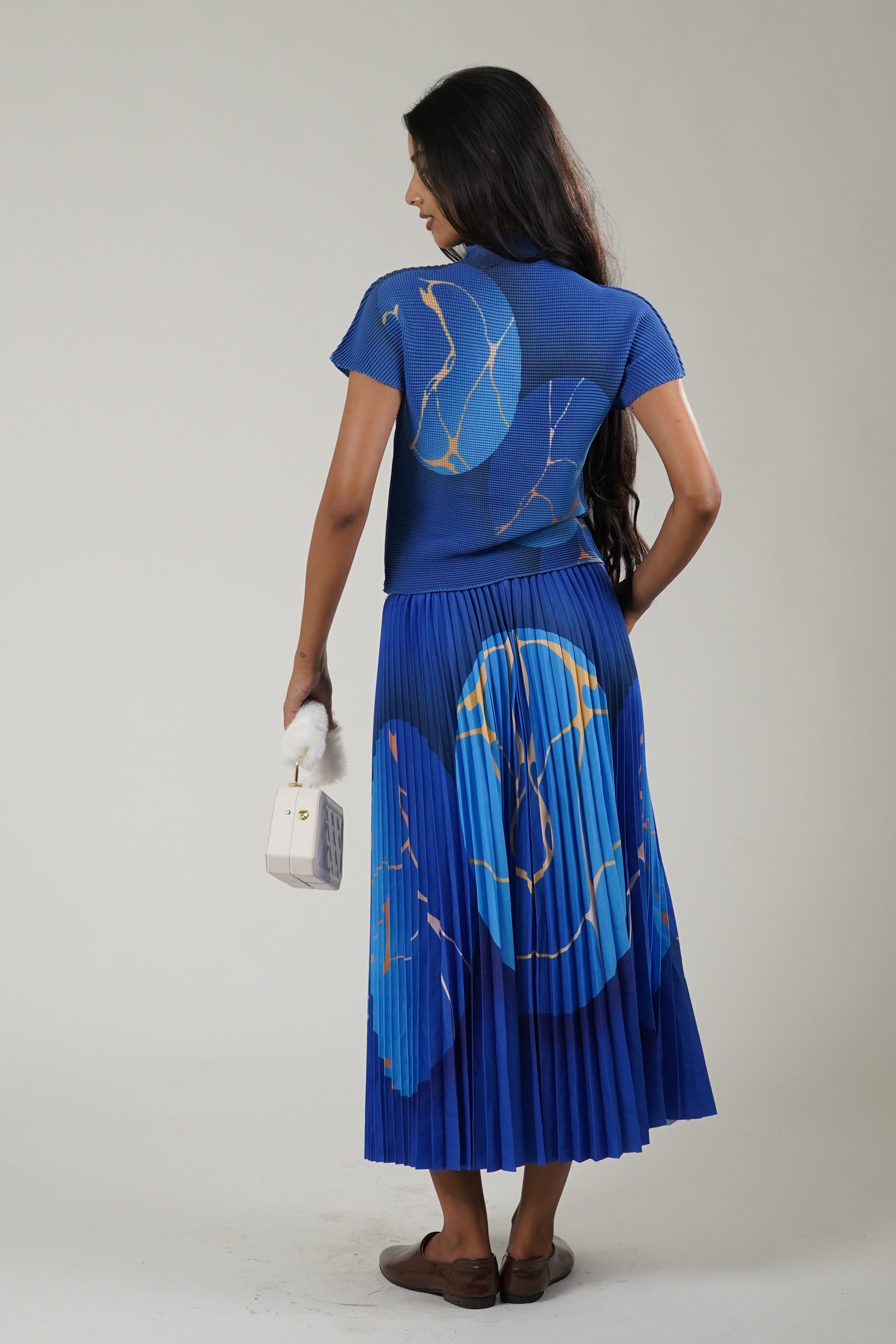 Mock Neck Tee & Pleated Skirt Coord (Blue)