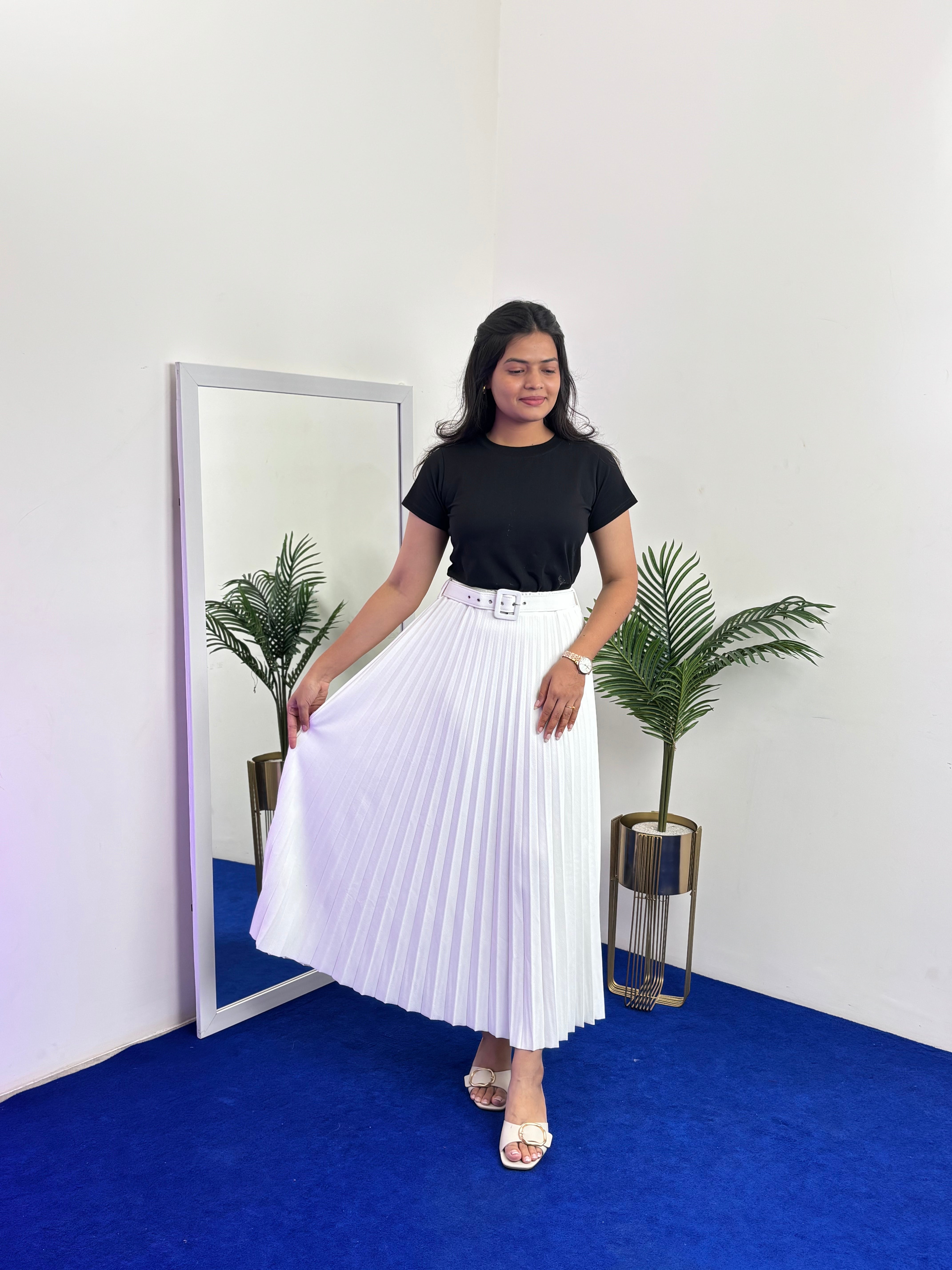 Pleated Flared Skirt with Belts (White)