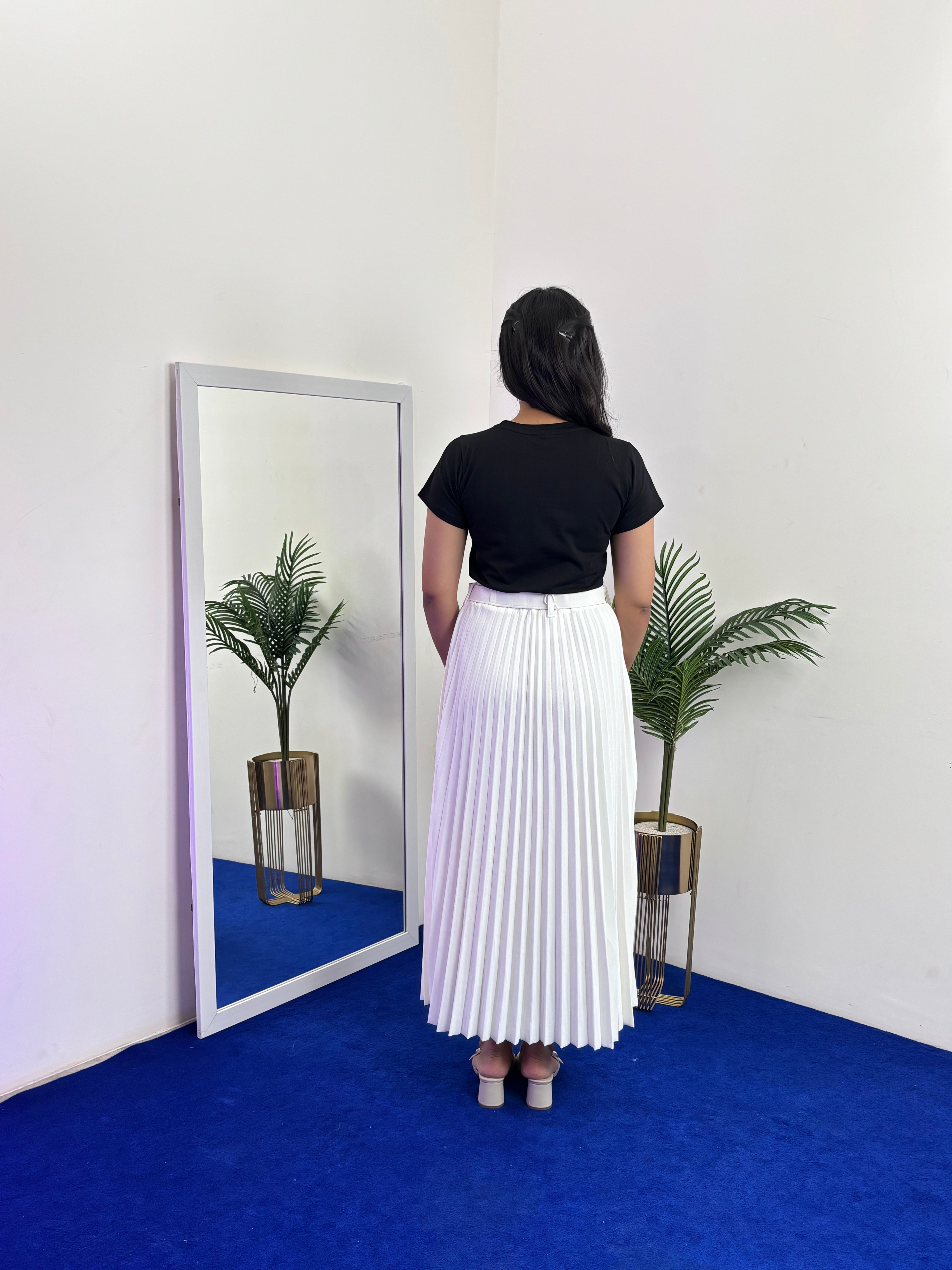 Pleated Flared Skirt with Belts (White)