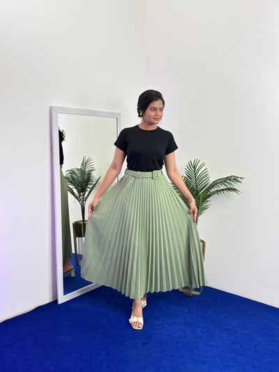 Pleated Flared Skirt with Belts (Green)