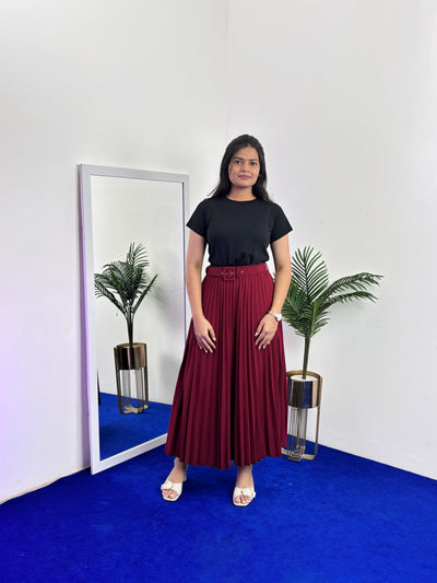 Pleated Flared Skirt with Belts (Red)