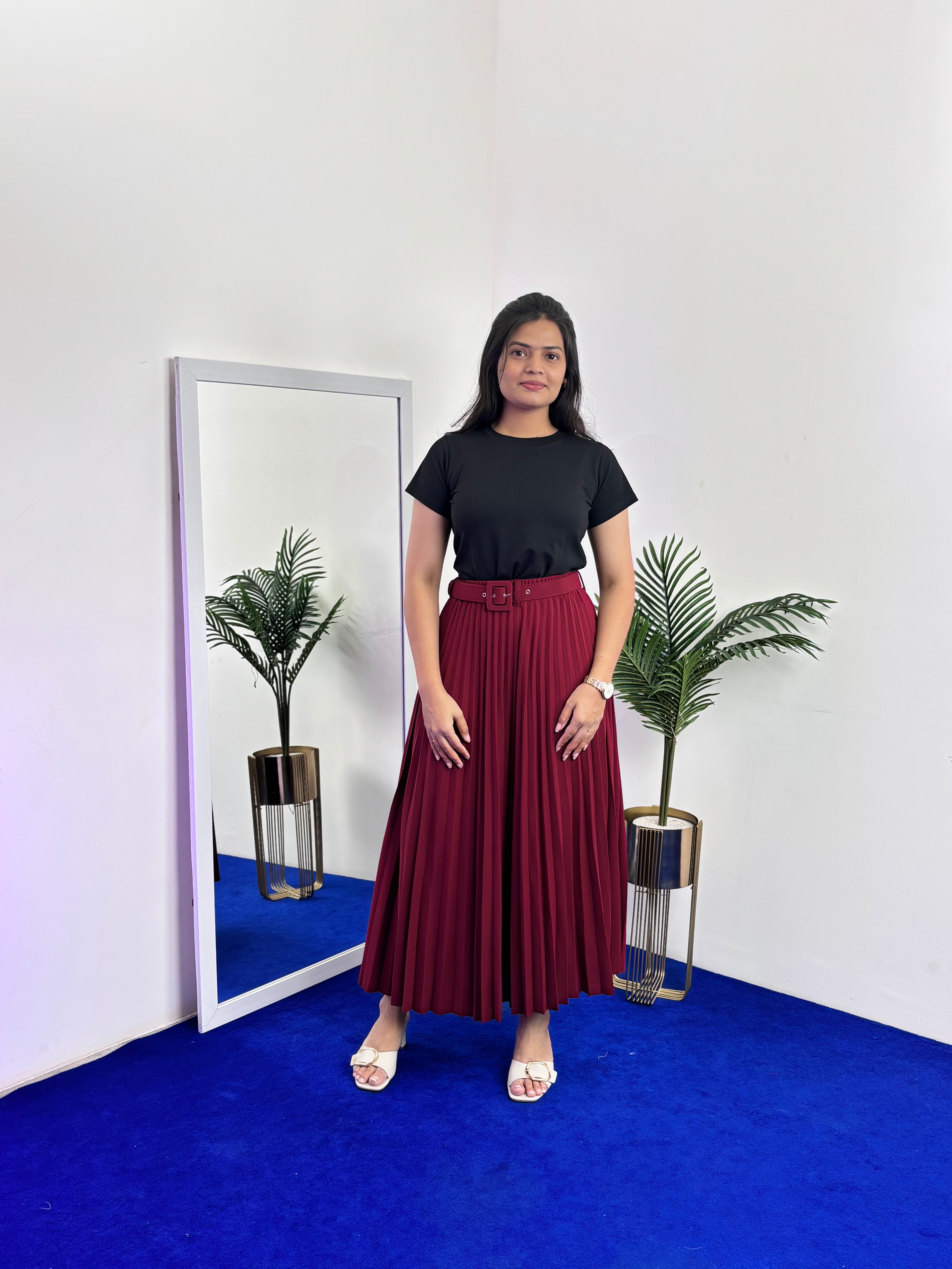 Pleated Flared Skirt with Belts (Red)