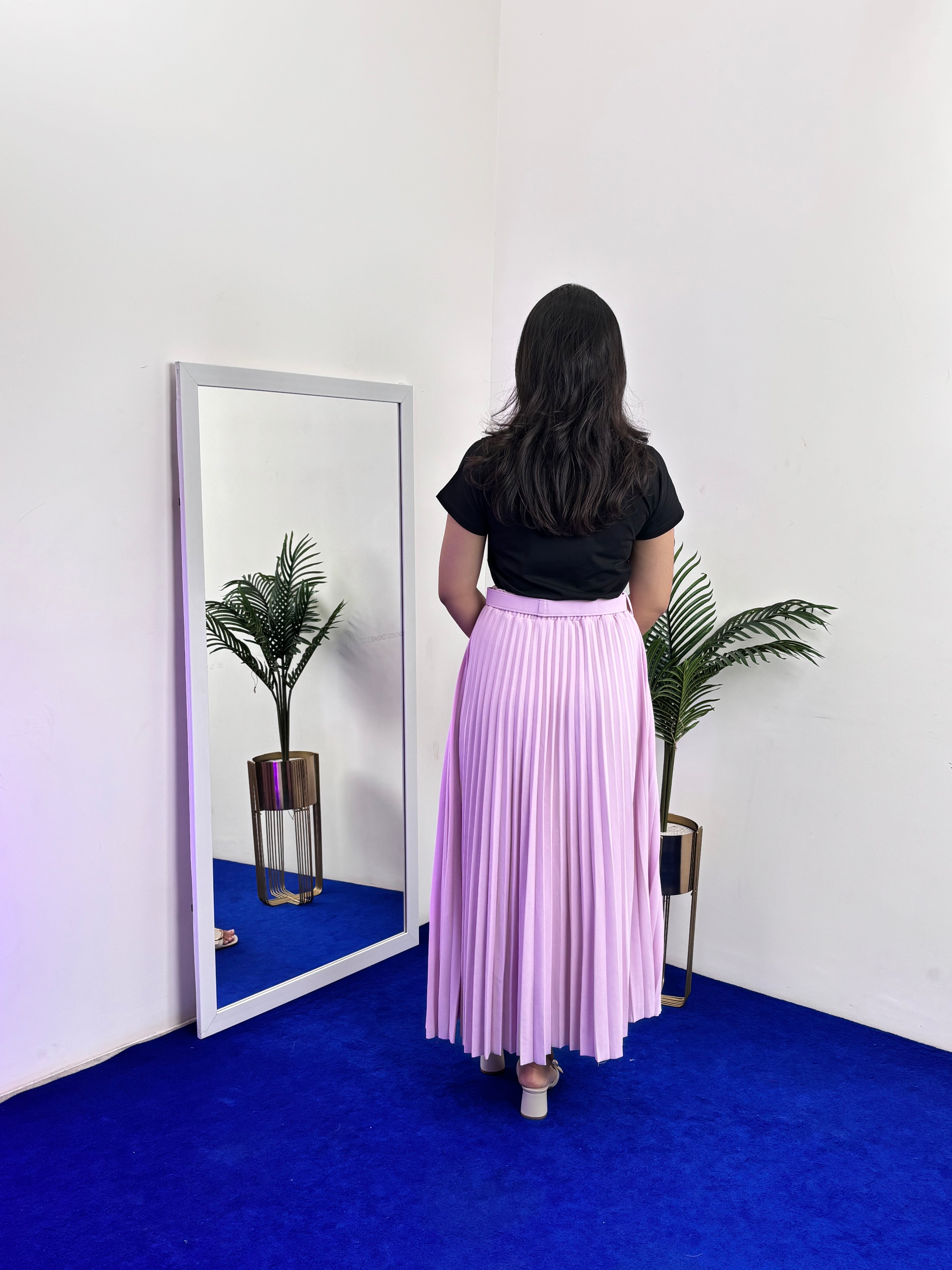 Pleated Flared Skirt with Belts (Purple)