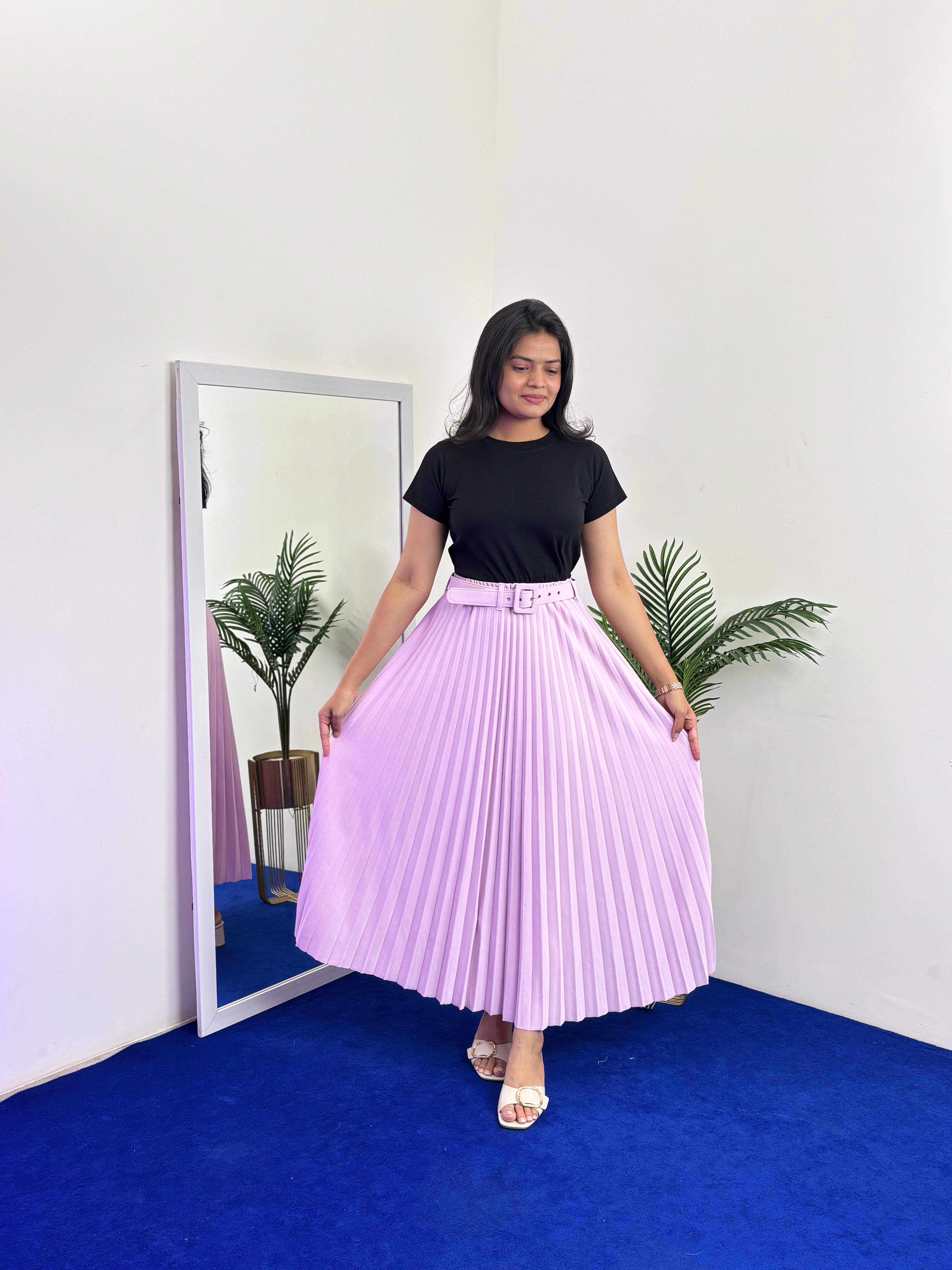 Pleated Flared Skirt with Belts (Purple)