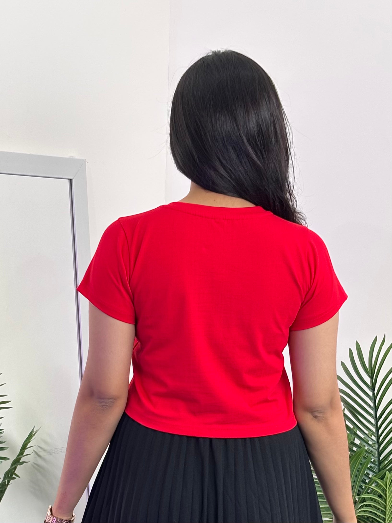 Solid Crop Top with Sleeve (Red)