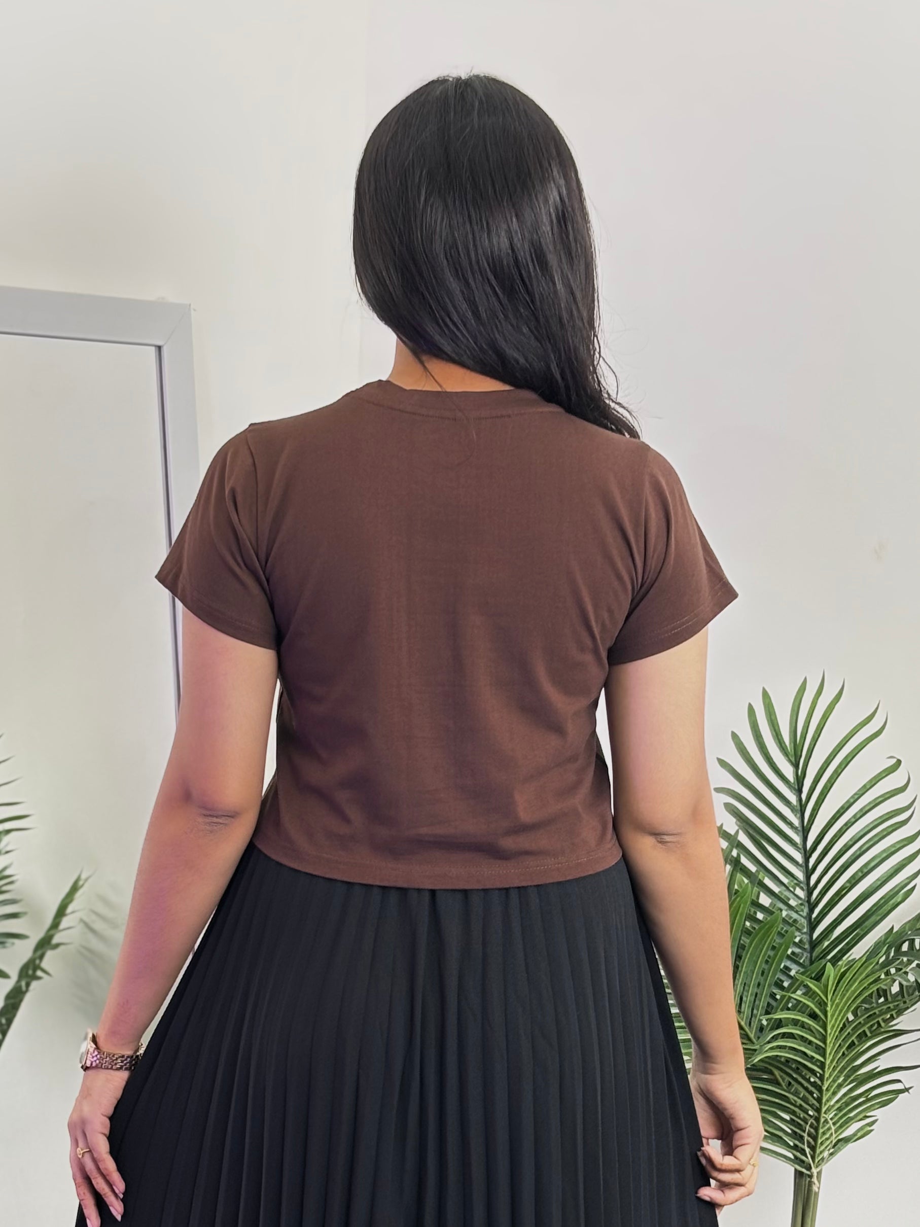 Solid Crop Top with Sleeve (Brown)