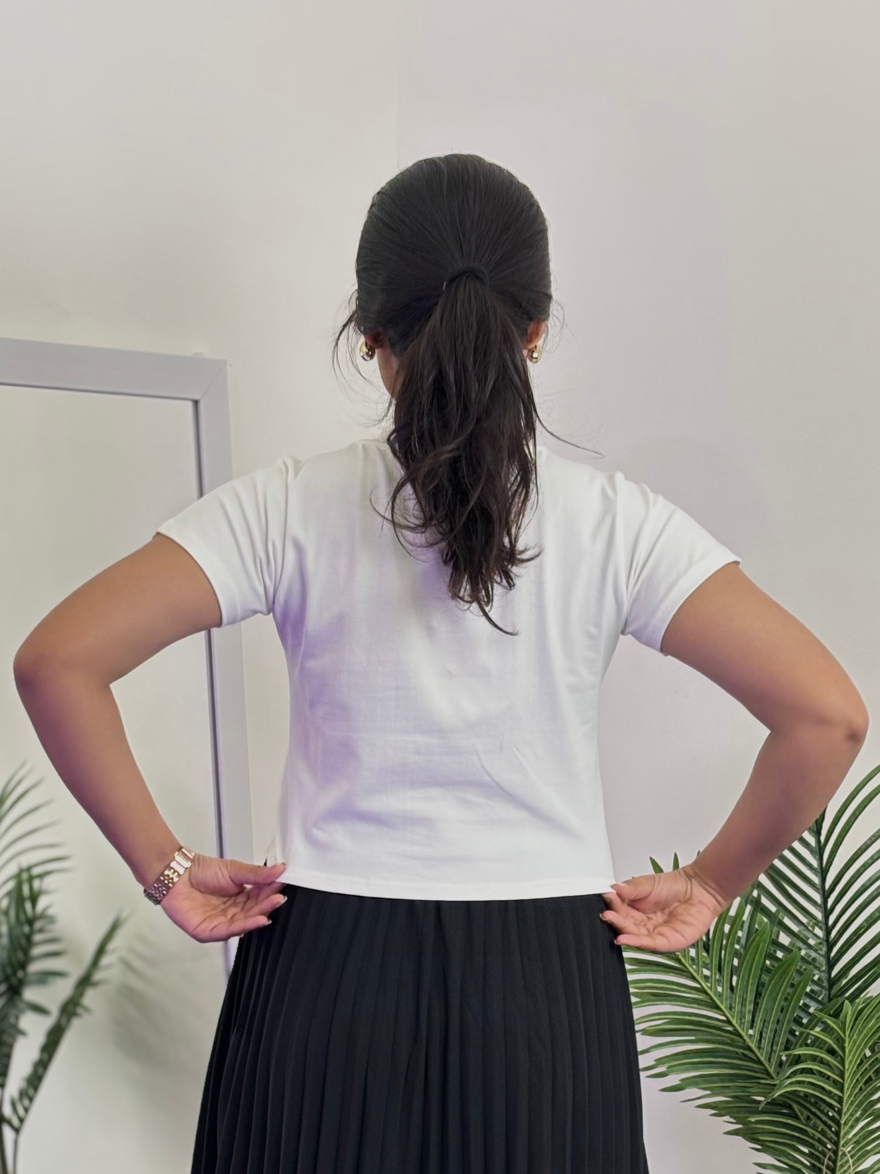 Solid Crop Top with Sleeve (White)