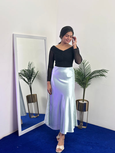 Shiny Satin A-Line Skirt with Side Lace (Blue)