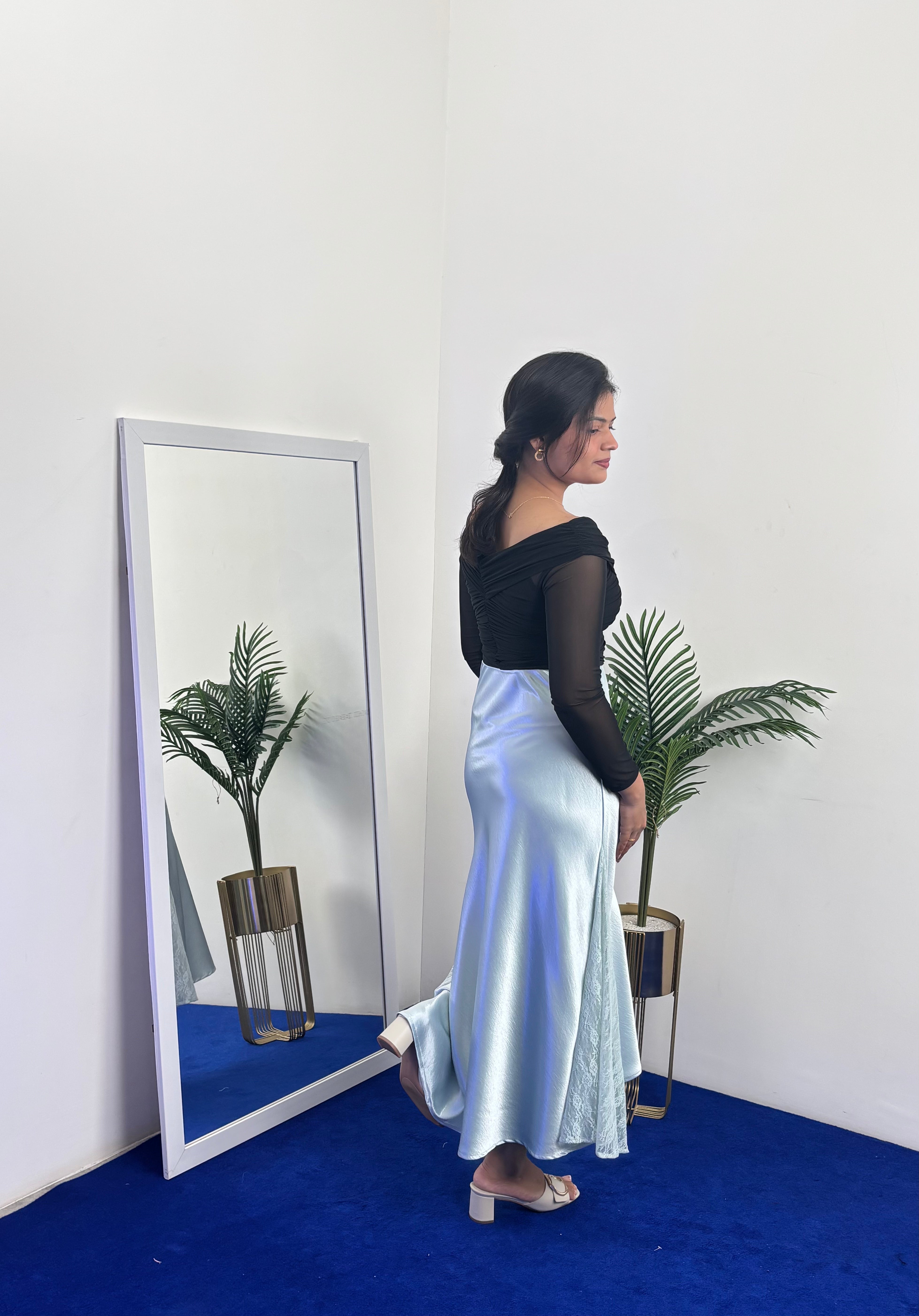 Shiny Satin A-Line Skirt with Side Lace (Blue)