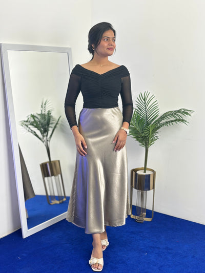 Shiny Satin A-Line Skirt with Side Lace (Silver)