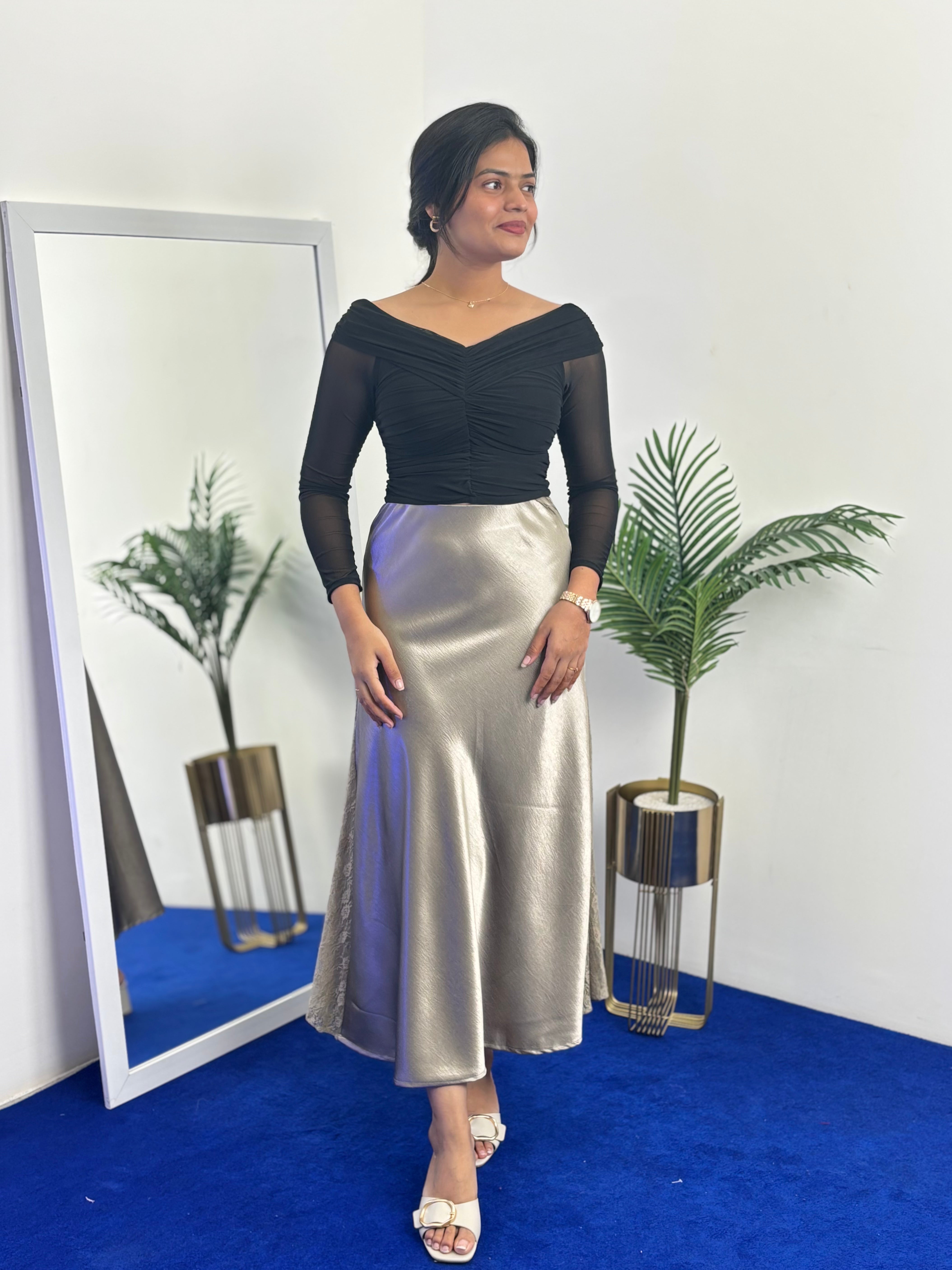 Shiny Satin A-Line Skirt with Side Lace (Silver)