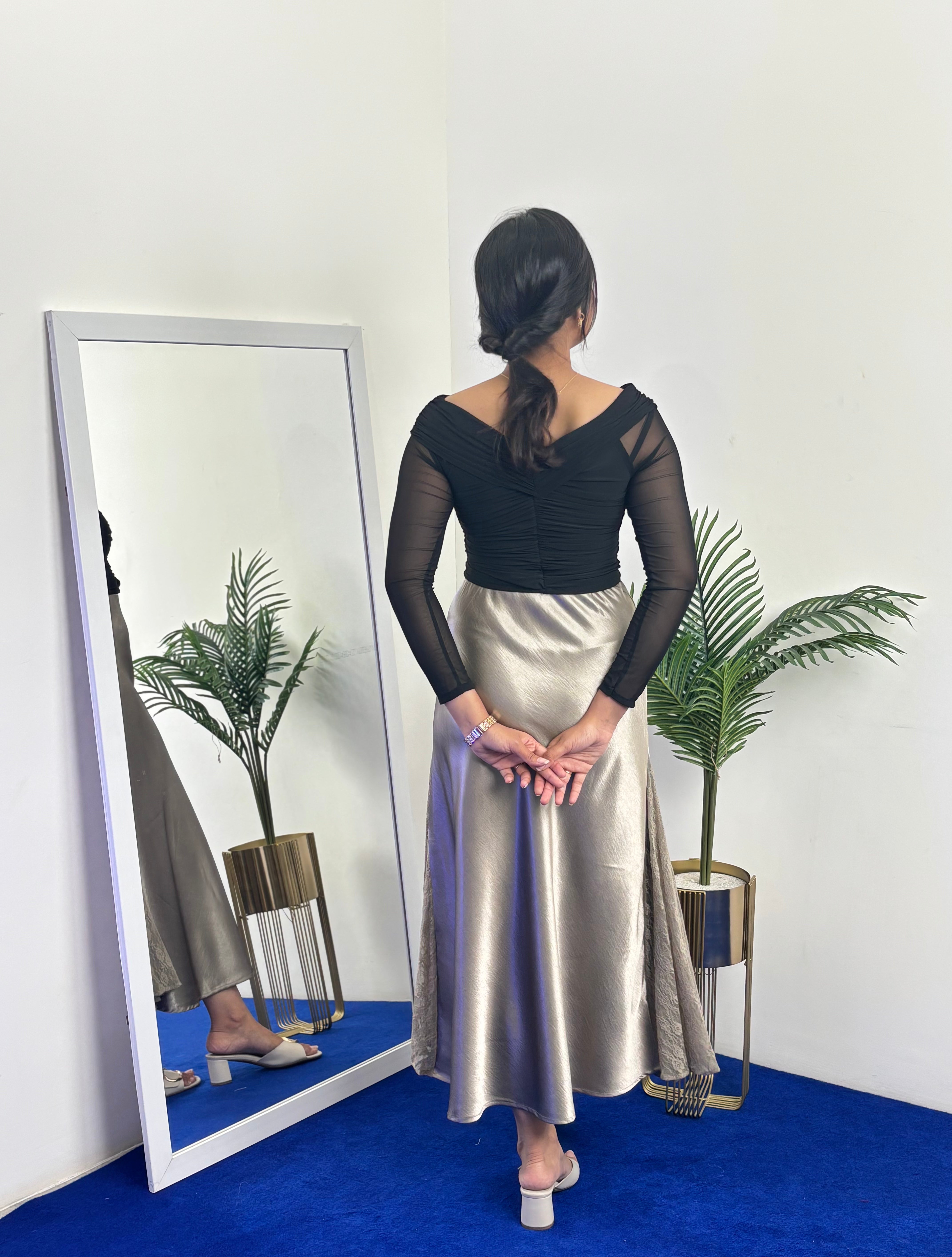 Shiny Satin A-Line Skirt with Side Lace (Silver)