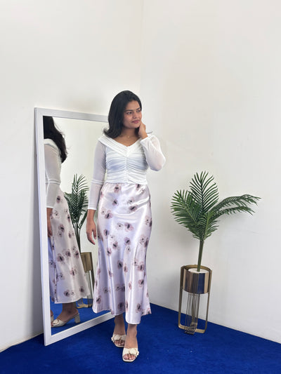 Floral Print Satin A-Line Skirt (Purple)