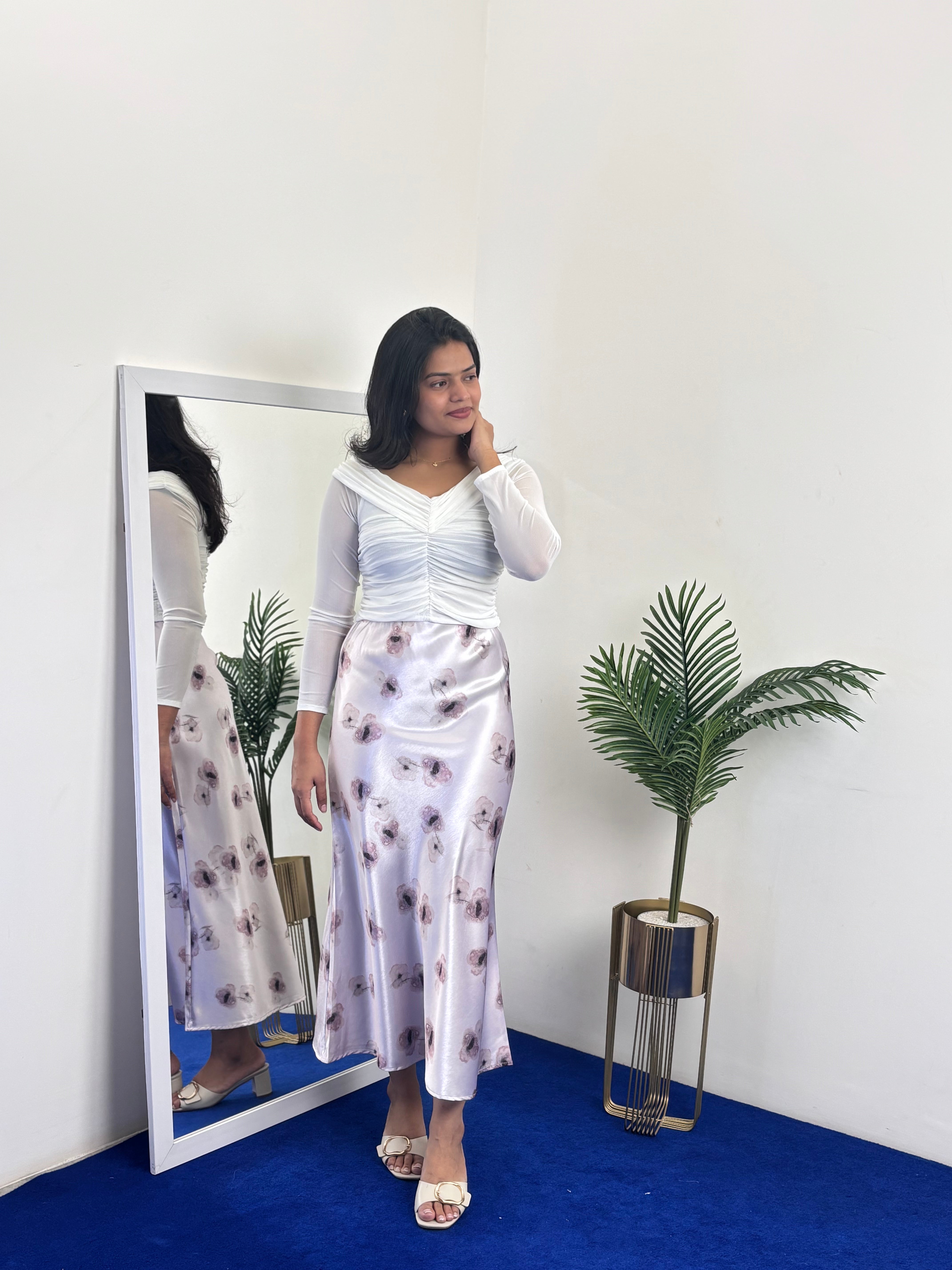 Floral Print Satin A-Line Skirt (Purple)