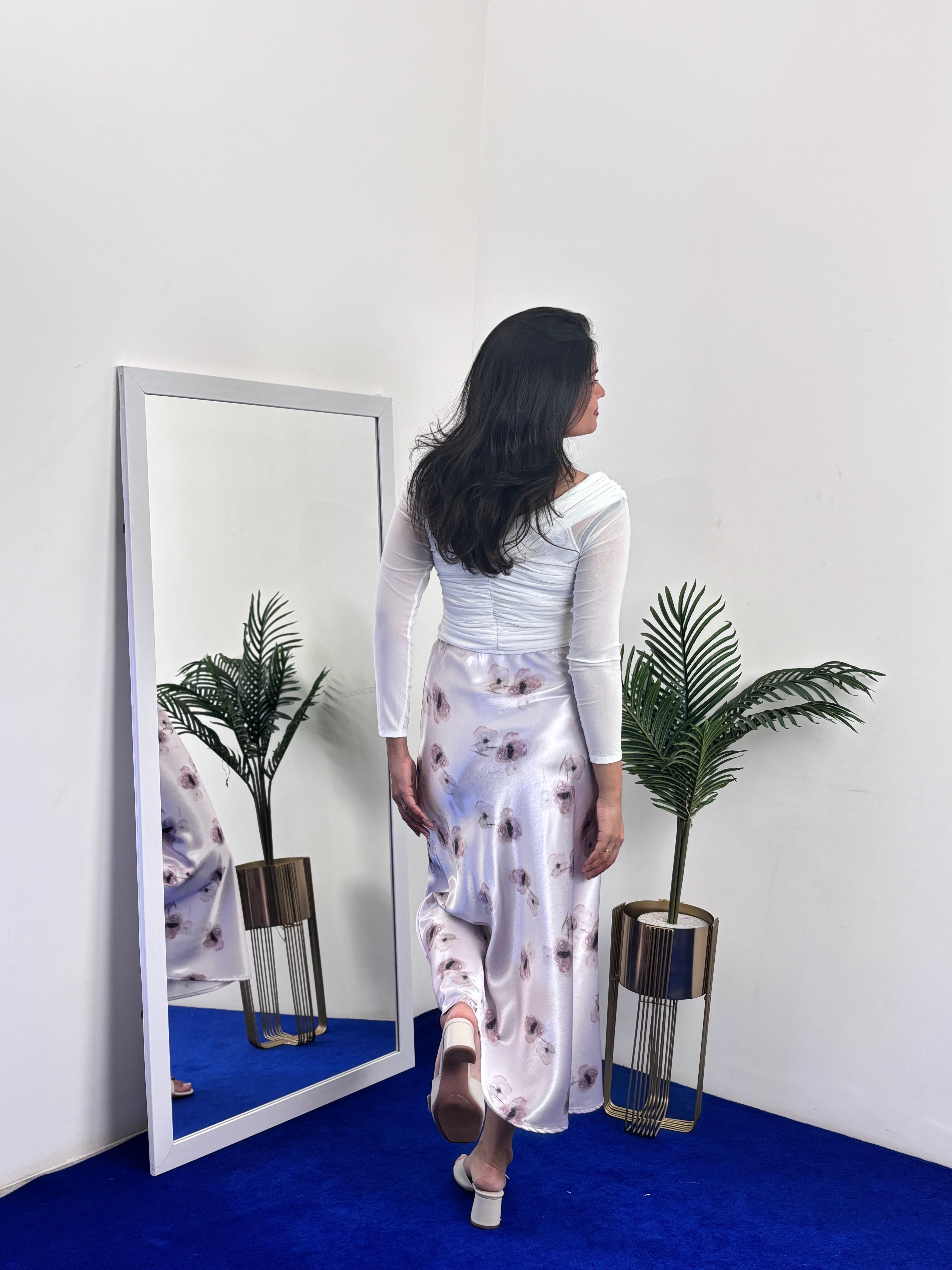 Floral Print Satin A-Line Skirt (Purple)