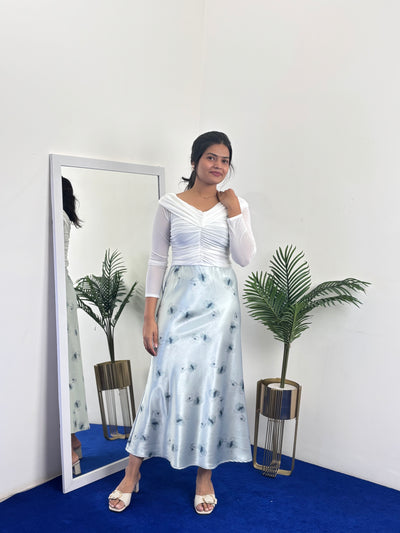 Floral Print Satin A-Line Skirt (Blue)