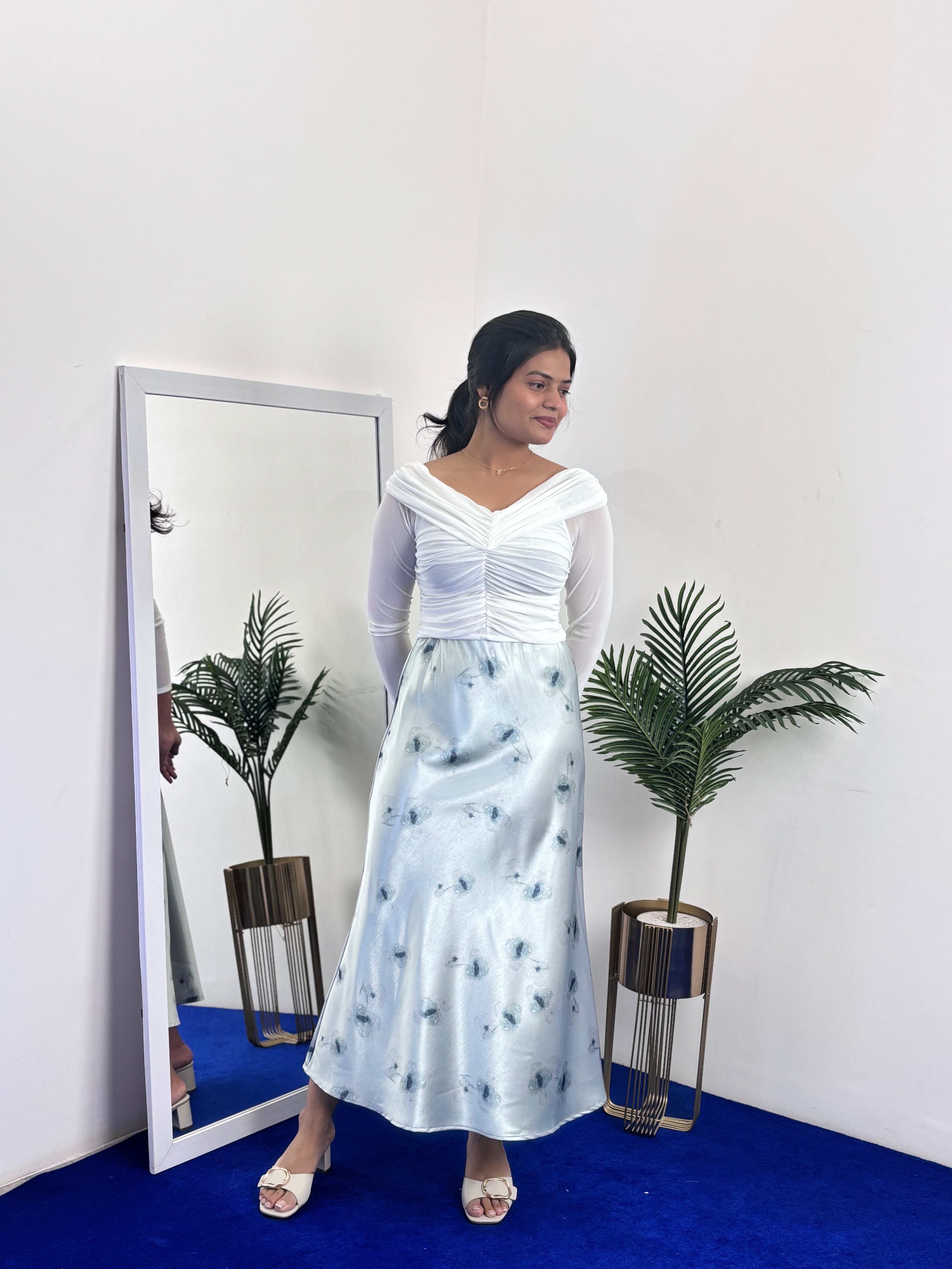 Floral Print Satin A-Line Skirt (Blue)