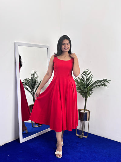 Solid Sleeveless Square Neck Dress (Red)