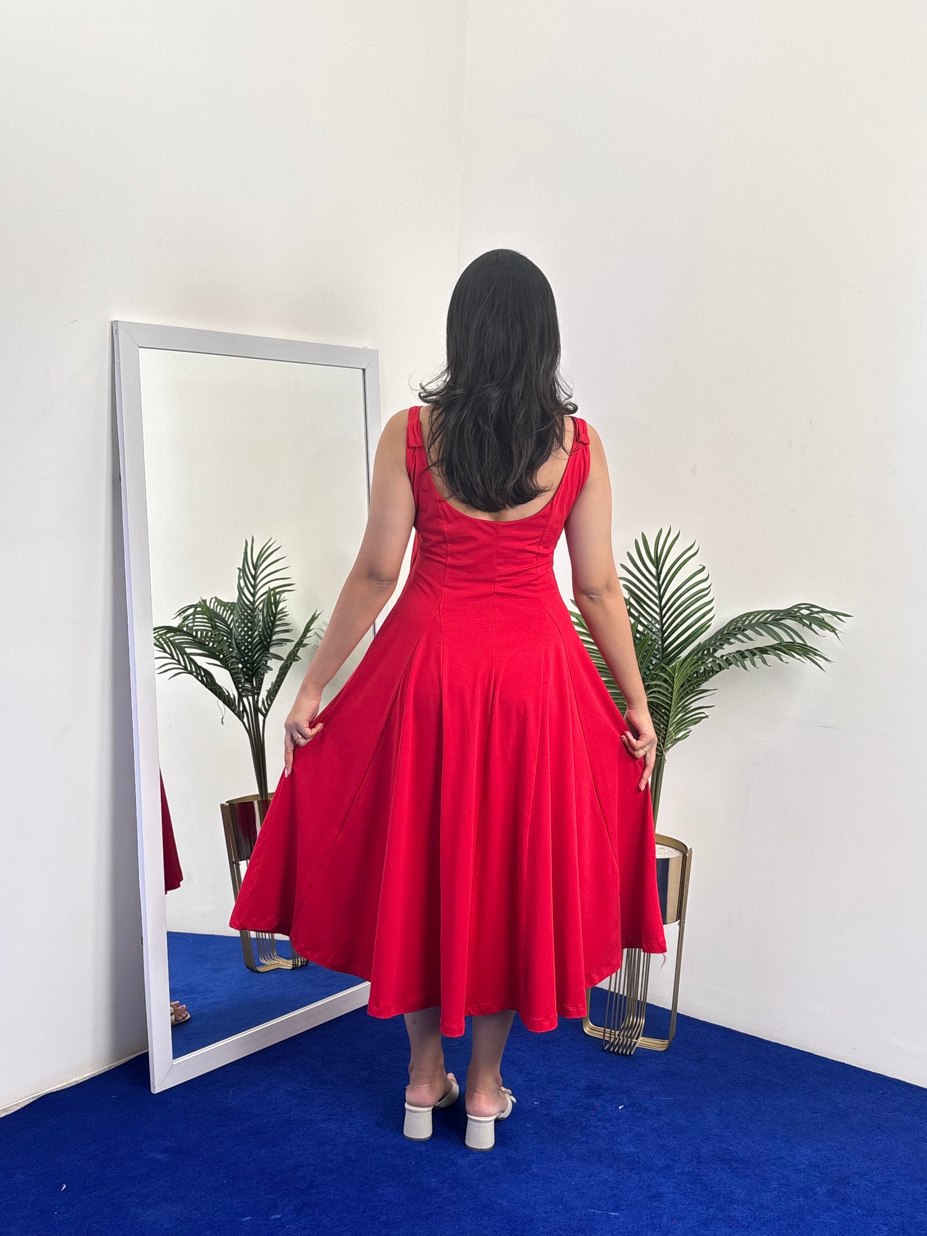 Solid Sleeveless Square Neck Dress (Red)