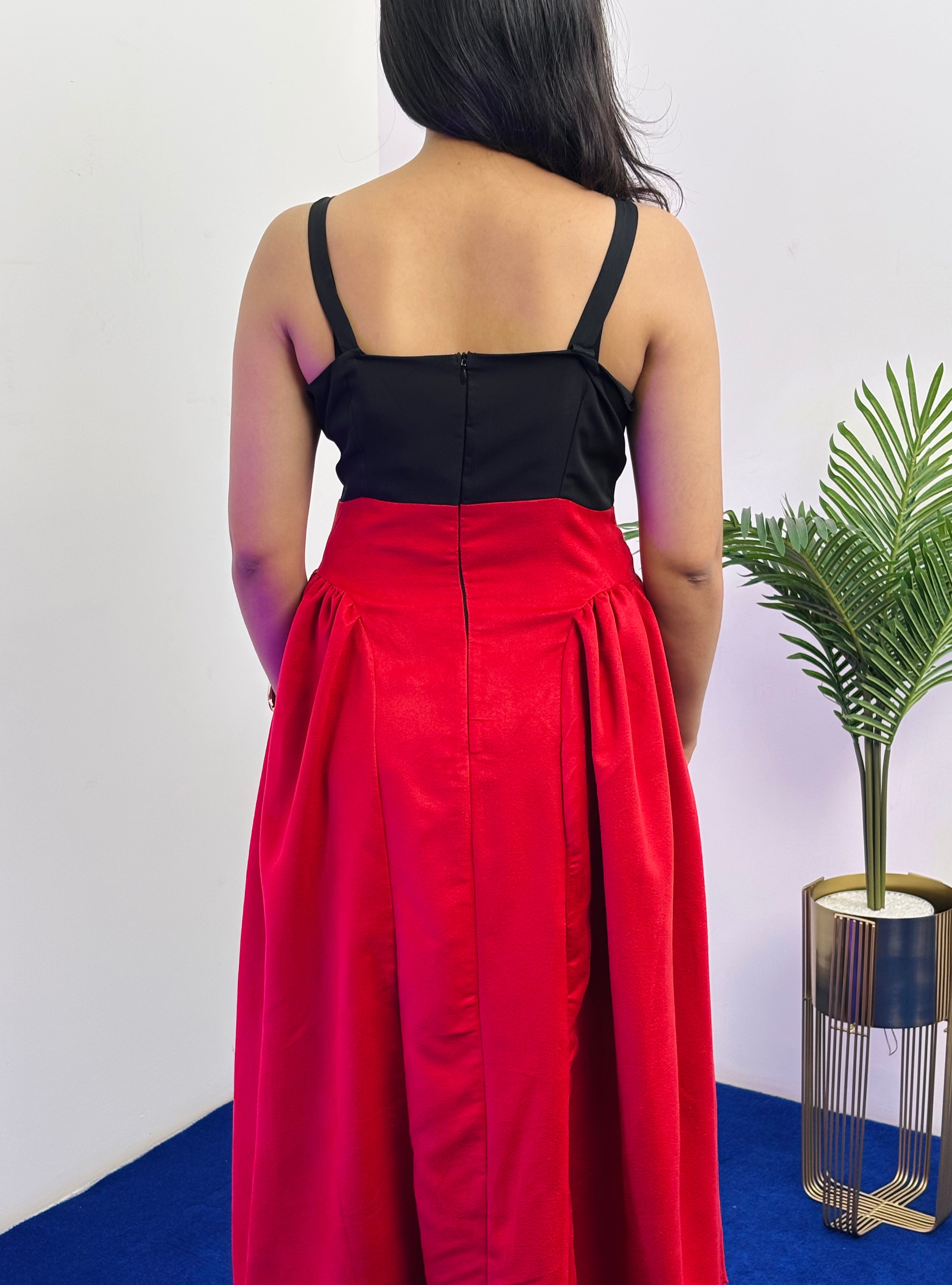 Sleeveless A-Line Party Dress (Black - Red)