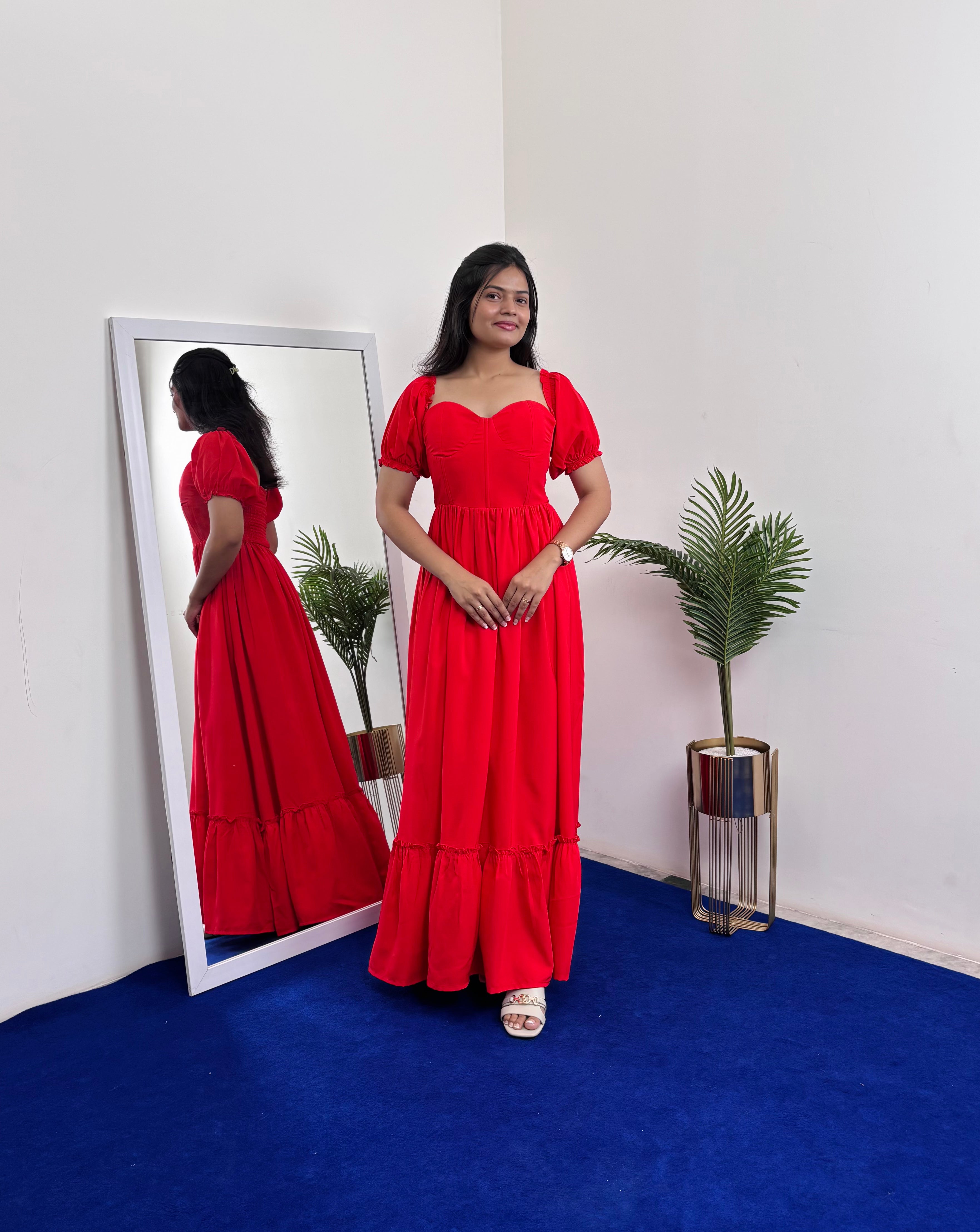 Puff Sleeve Maxi Dress (Red)