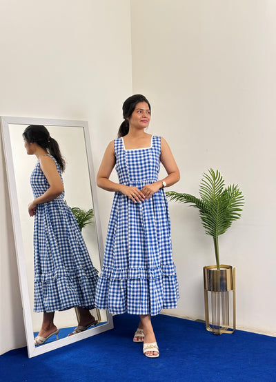 Sleeveless Checked Dress - Blue