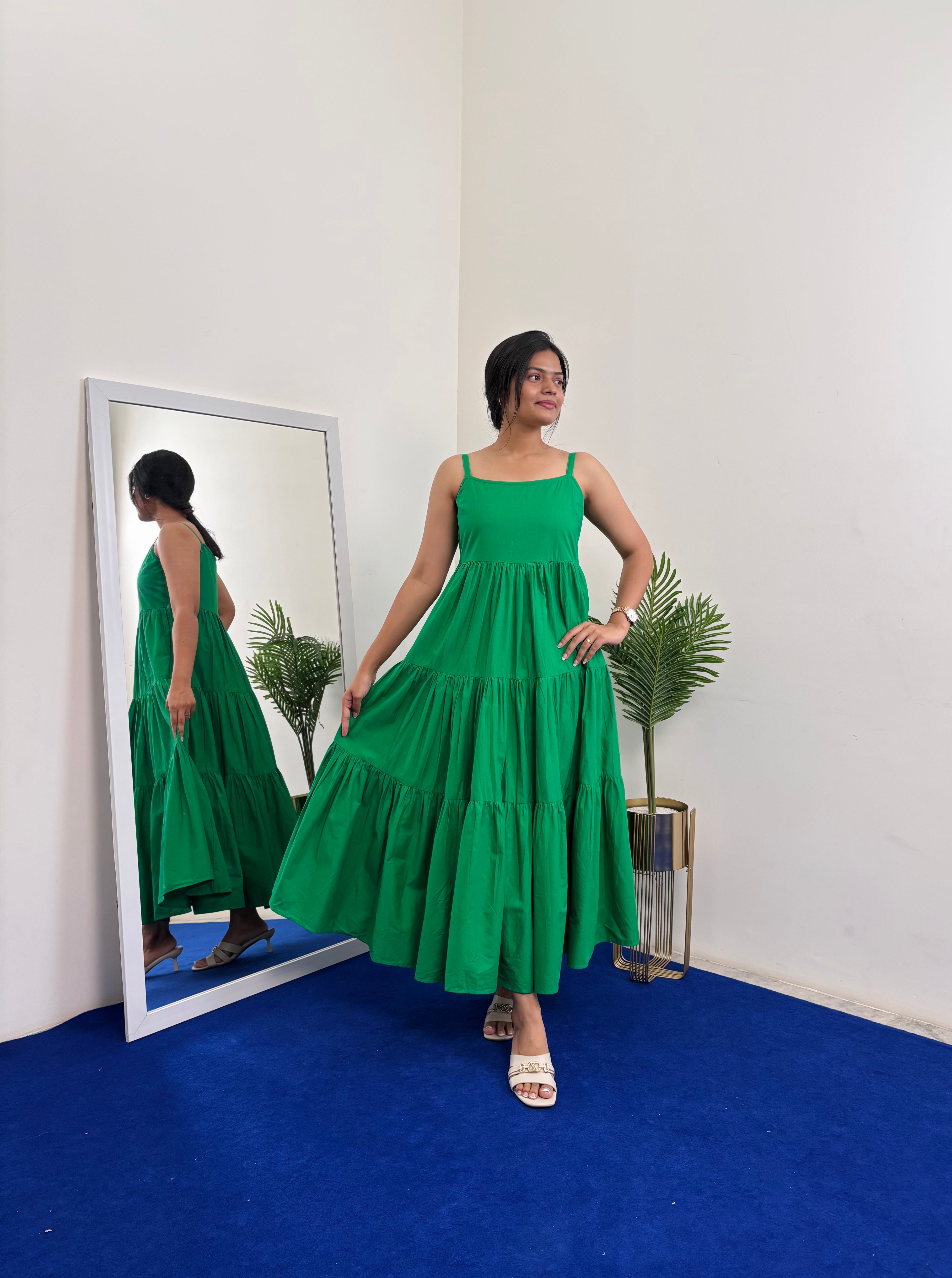 Solid Tiered Shoulder Strap Dress - Green