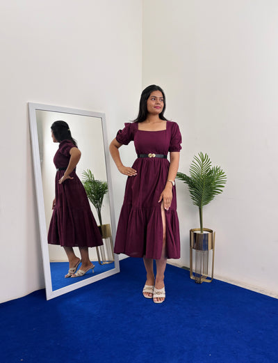 Squared Neck Sleeve Tiered Dress - Maroon